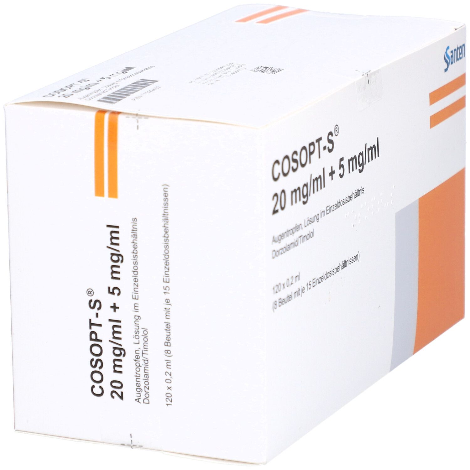 Weißer Karton mit COSOPT-S 20 mg/ml + 5 mg/ml Aufschrift. Orangefarbene Streifen und Santen-Logo.