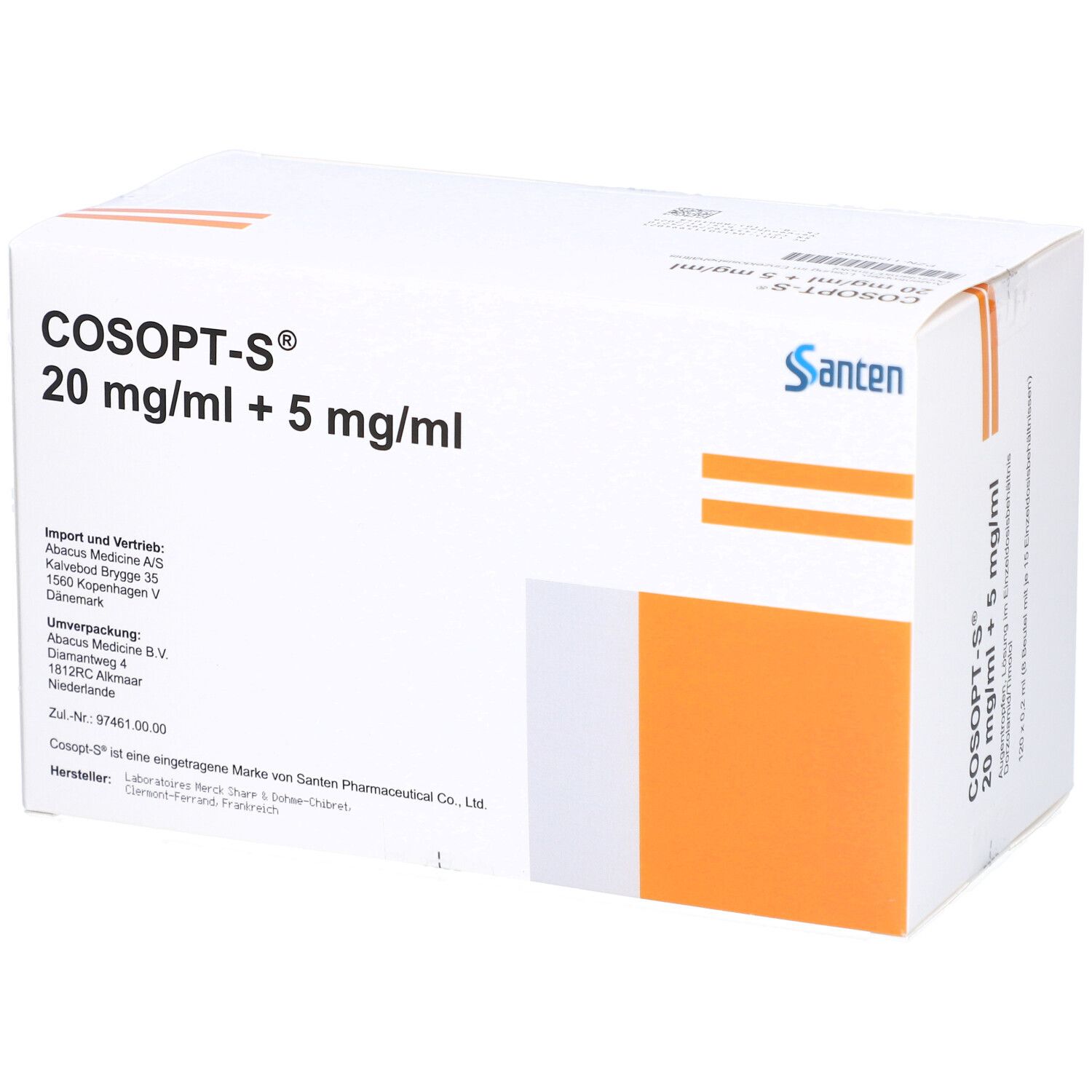 Weißer Karton mit COSOPT-S 20 mg/ml + 5 mg/ml Aufschrift. Orangefarbene Fläche und Santen-Logo.