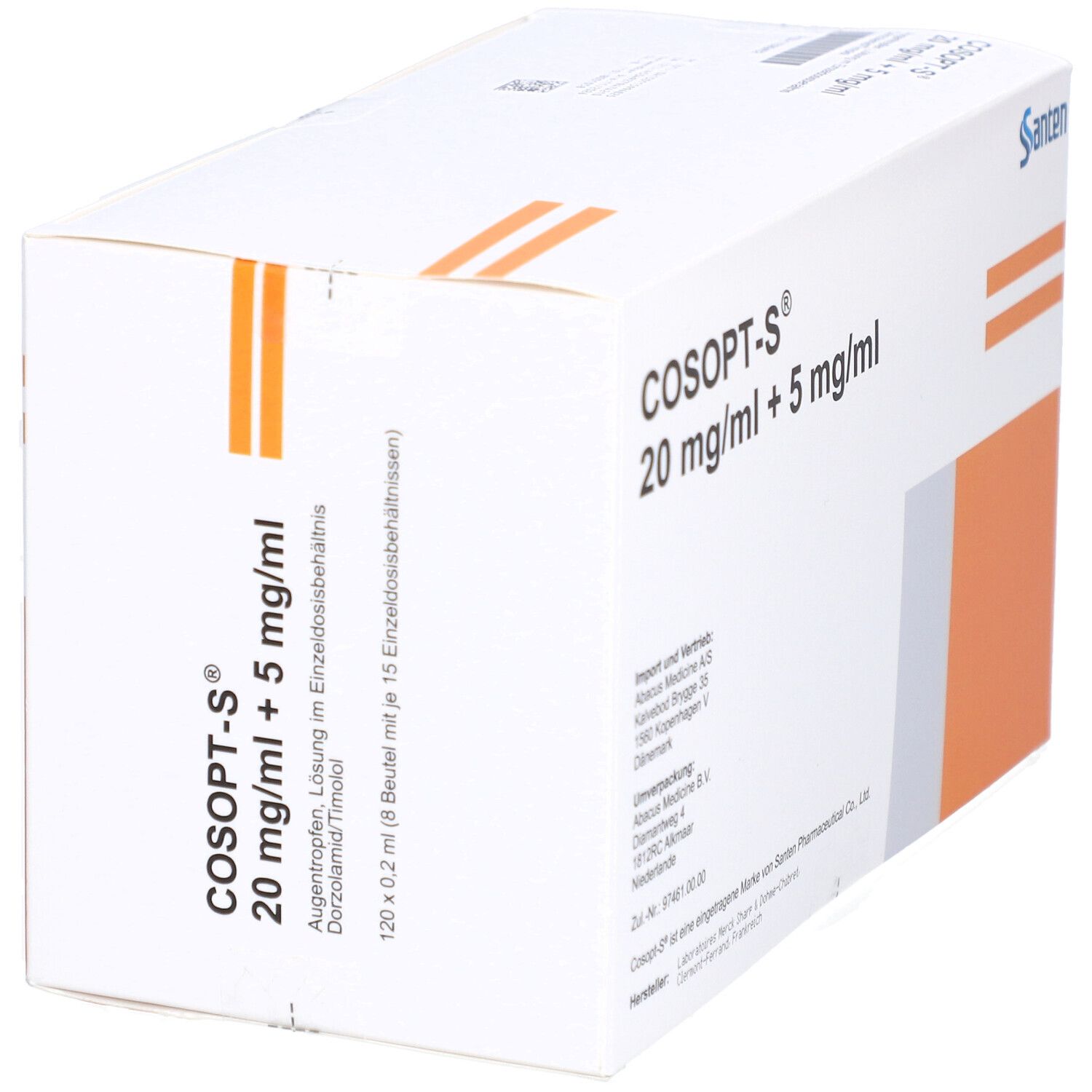 Weißer Karton mit COSOPT-S 20 mg/ml + 5 mg/ml Aufschrift. Orangefarbene Streifen und Santen-Logo.