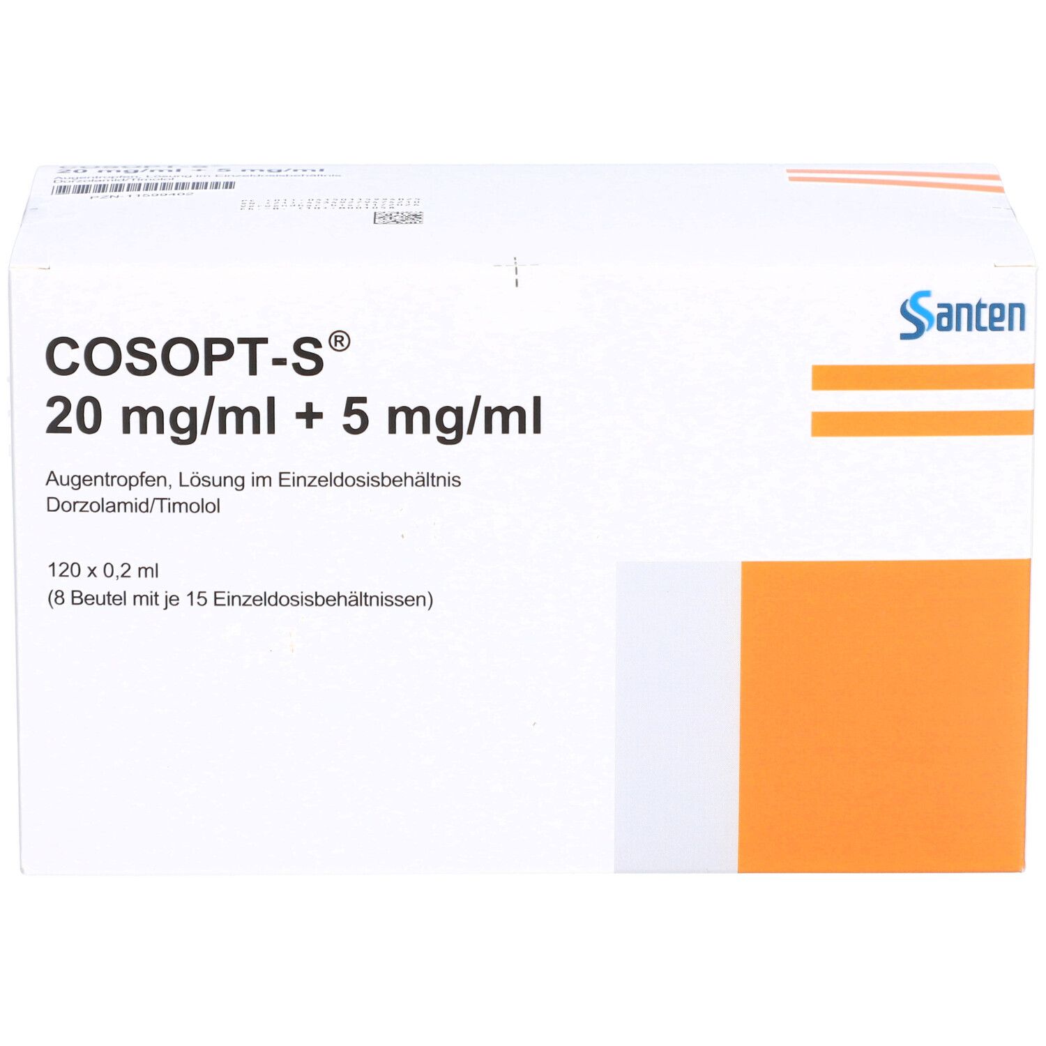Weißer Karton mit COSOPT-S 20 mg/ml + 5 mg/ml Aufschrift. Orangefarbene Fläche und Santen-Logo.