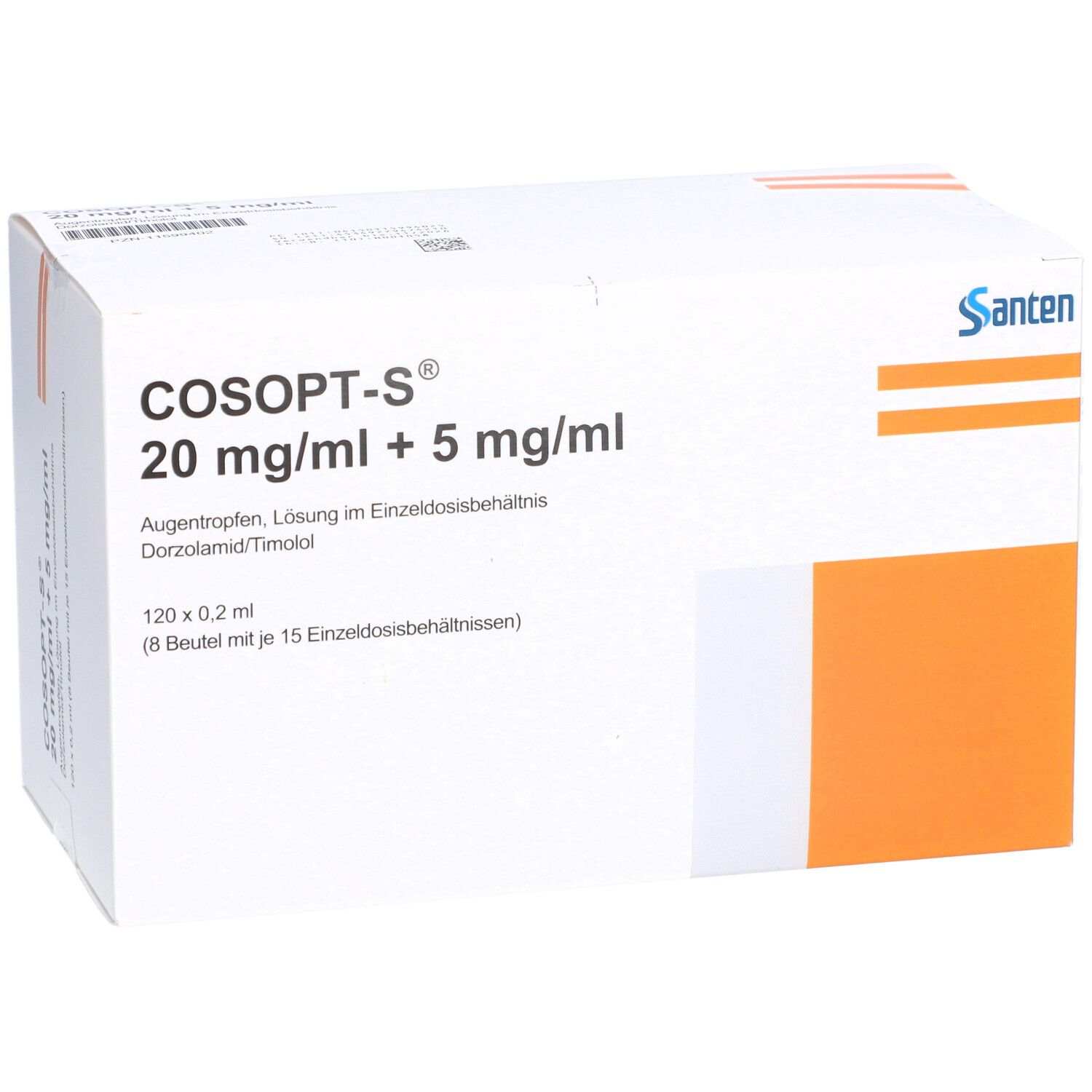 Weißer Karton mit COSOPT-S 20 mg/ml + 5 mg/ml Aufschrift. Orangefarbene Fläche und Santen-Logo.