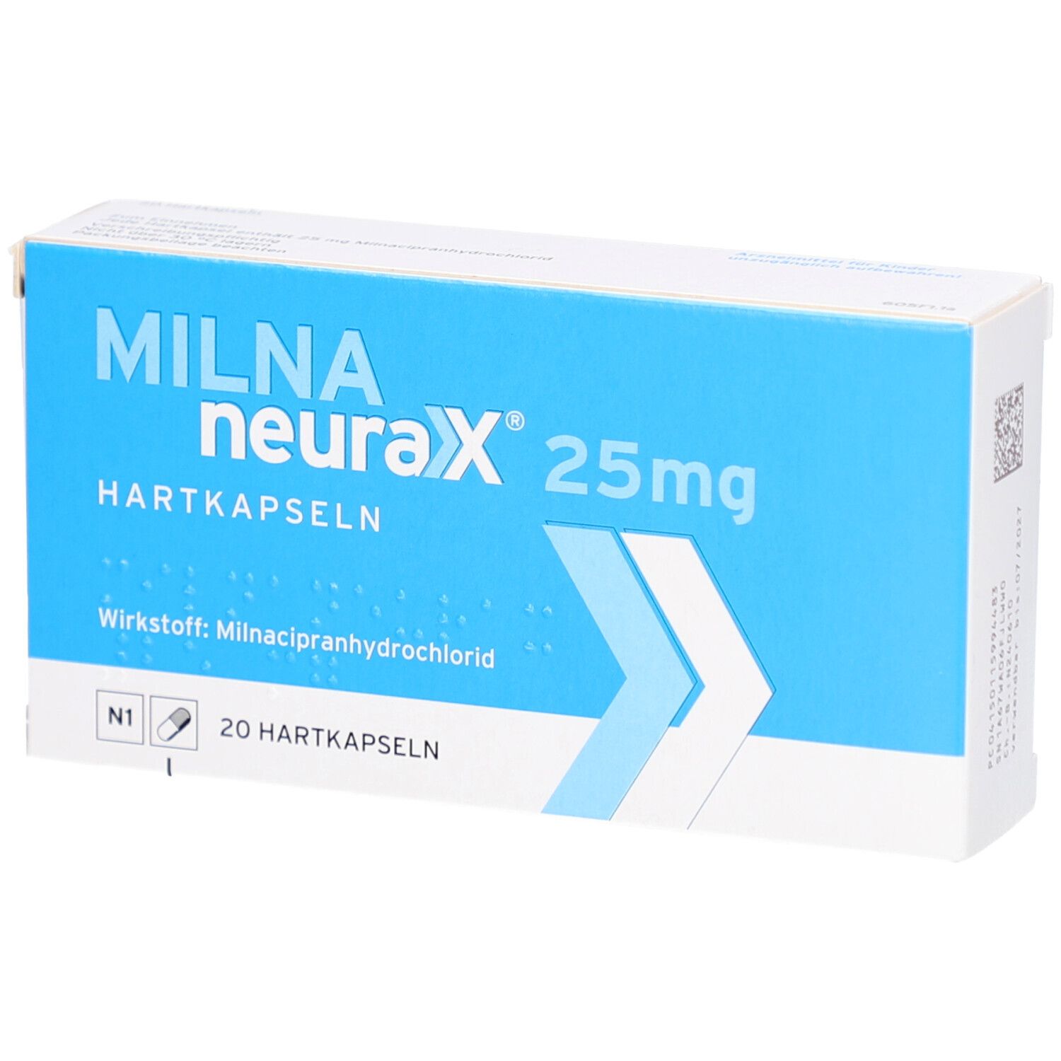 Schachtel mit MILNA neurax® 25mg Hartkapseln. Blaue und weiße Verpackung. Text: 20 Hartkapseln, Wirkstoff: Milnacipranhydrochlorid.