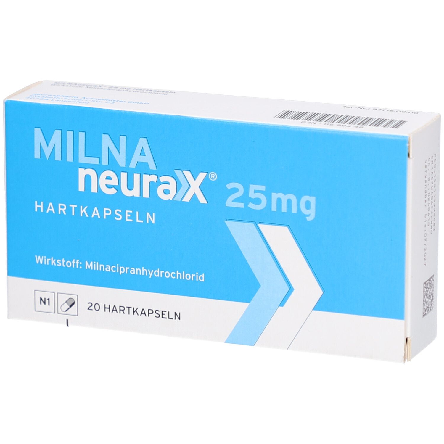 Schachtel mit MILNA neurax® 25mg Hartkapseln. Blaue und weiße Verpackung. Text: 20 Hartkapseln, Wirkstoff: Milnacipranhydrochlorid.
