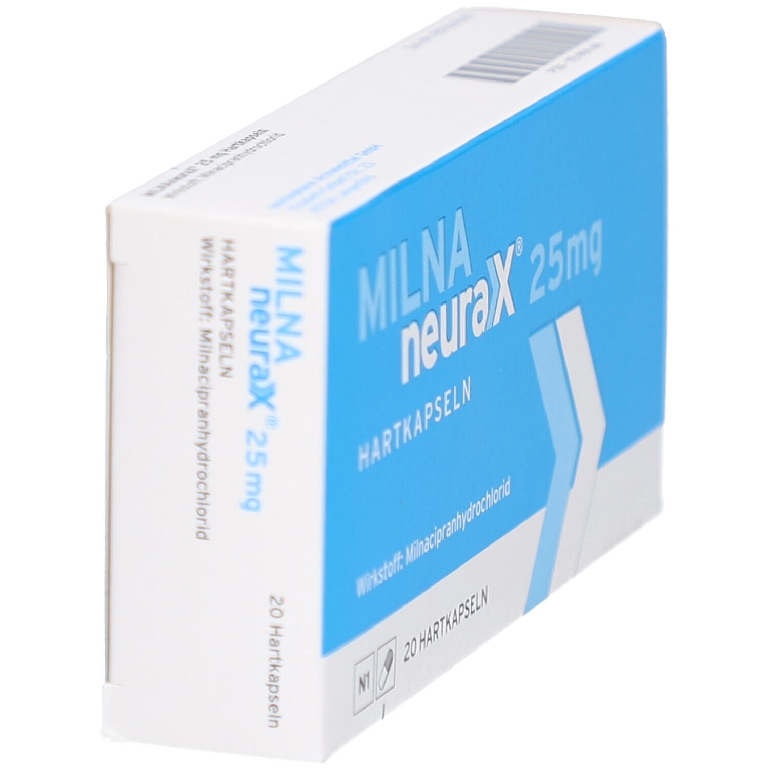 Schachtel MILNA neurax® 25mg Hartkapseln. Blaue und weiße Verpackung. Text: 20 Hartkapseln, Wirkstoff: Milnacipranhydrochlorid.