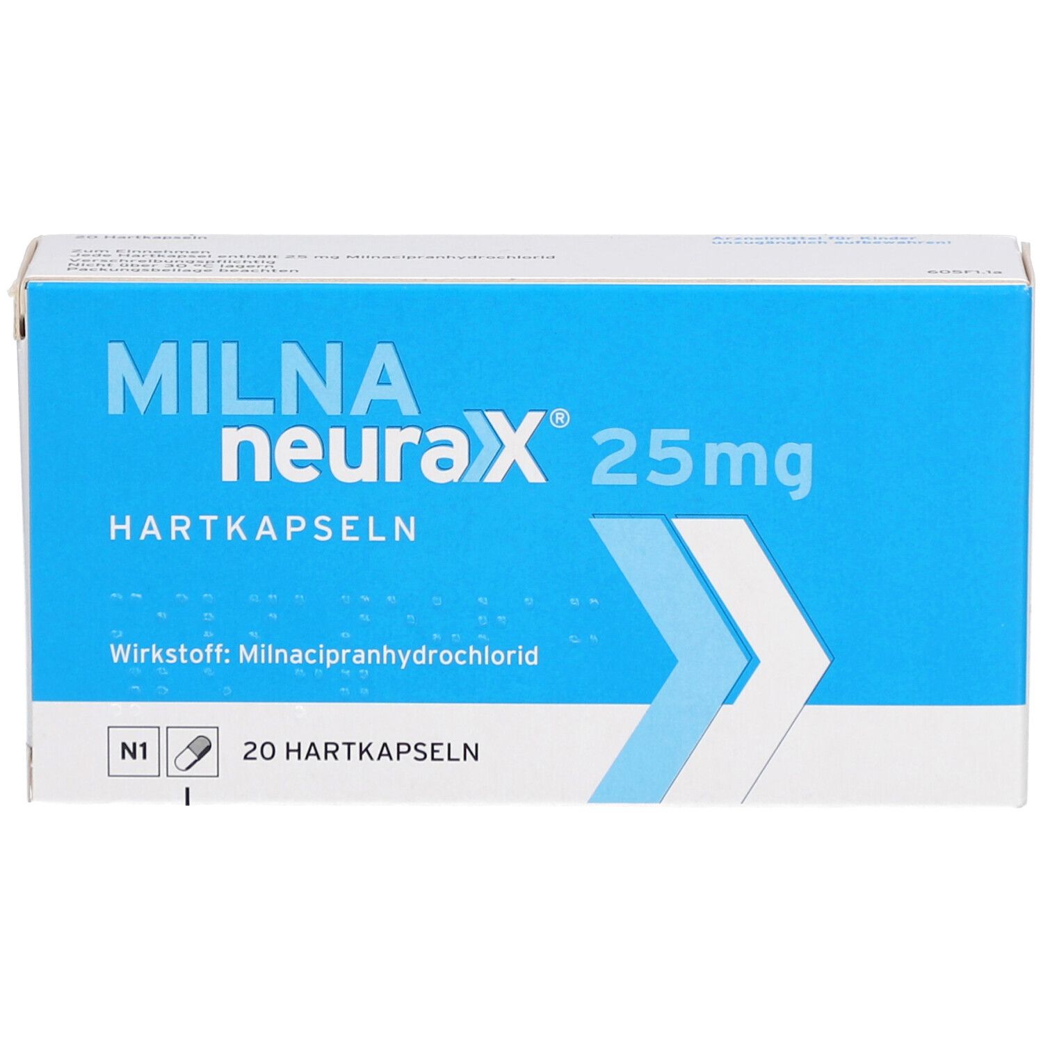 Schachtel mit MILNA neurax® 25mg Hartkapseln. Blaue und weiße Verpackung. Text: 20 Hartkapseln, Wirkstoff: Milnacipranhydrochlorid.