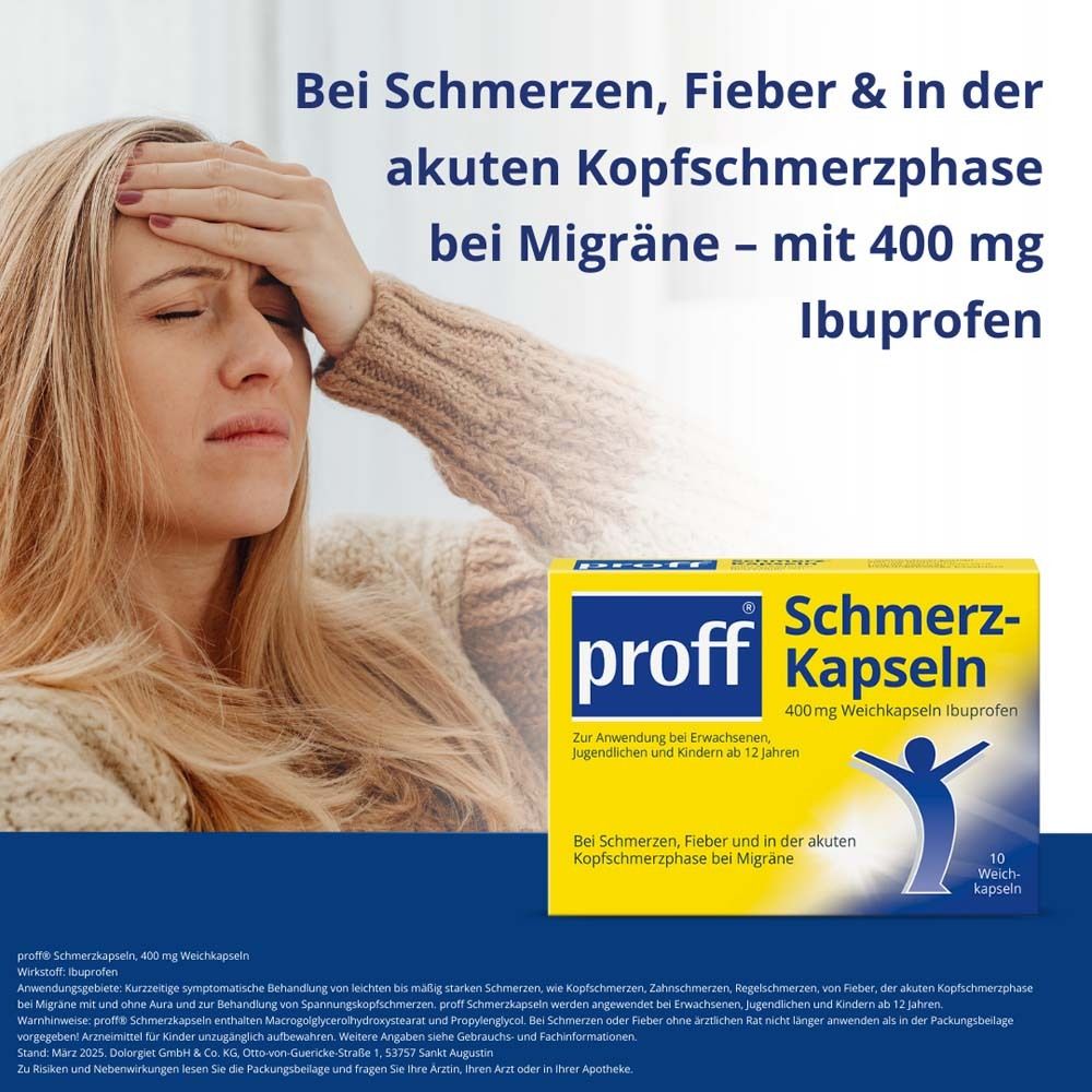 Frau mit Kopfschmerzen. Packung "proff Schmerzkapseln" mit 400 mg Ibuprofen im Hintergrund.