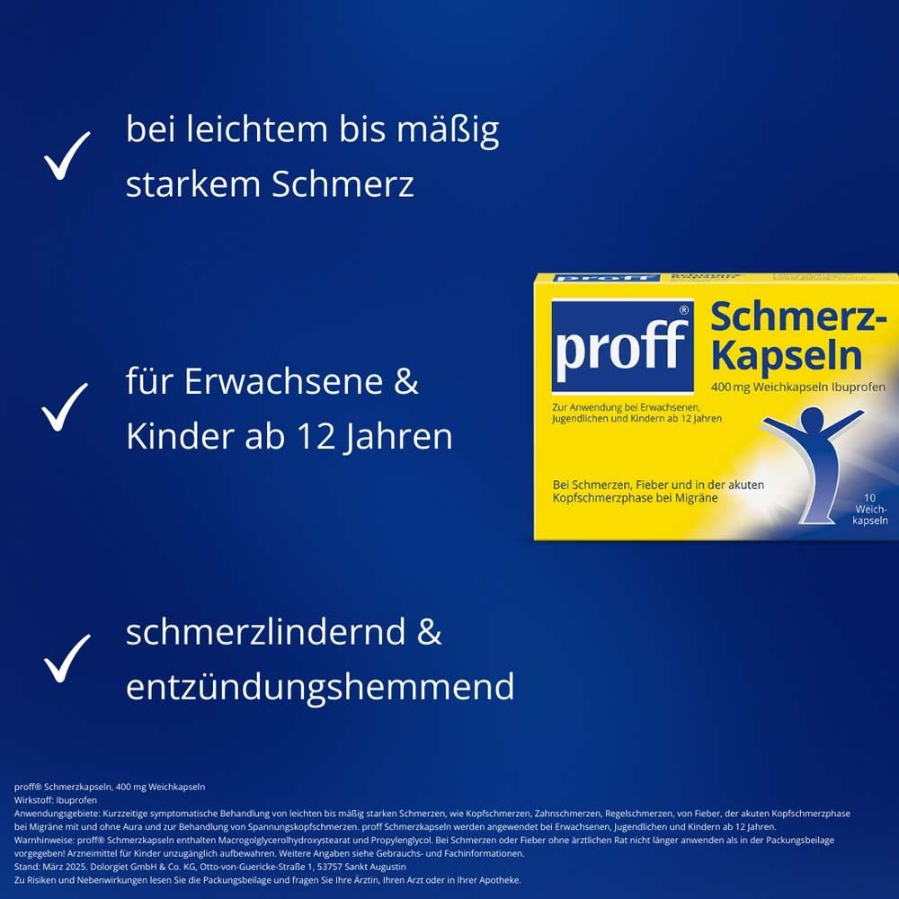 Text mit grünen Häkchen: Schmerzlinderung, für Erwachsene und Kinder ab 12 Jahren.