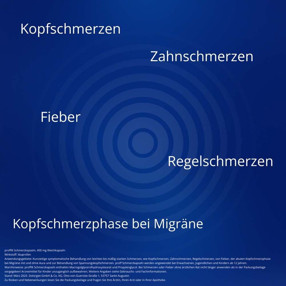 Blauer Hintergrund mit weißen Texten: Kopfschmerzen, Fieber, Zahnschmerzen, Regelschmerzen.
