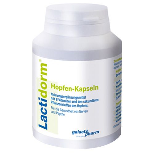 Weiße Flasche mit grünem Etikett. Aufschrift: Lactidorm Hopfen-Kapseln. Nahrungsergänzungsmittel mit B-Vitaminen.