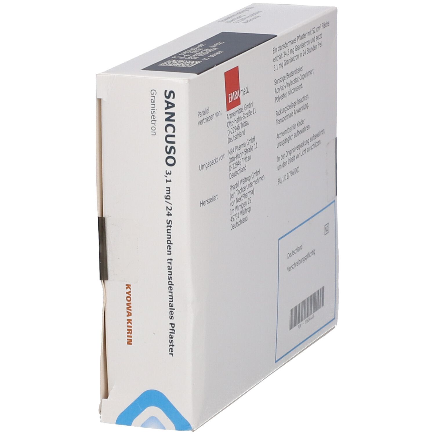 Schachtel Sancuso 3,1 mg/24 Stunden transdermales Pflaster. Seitenansicht mit Text und Kyowa Kirin Logo.