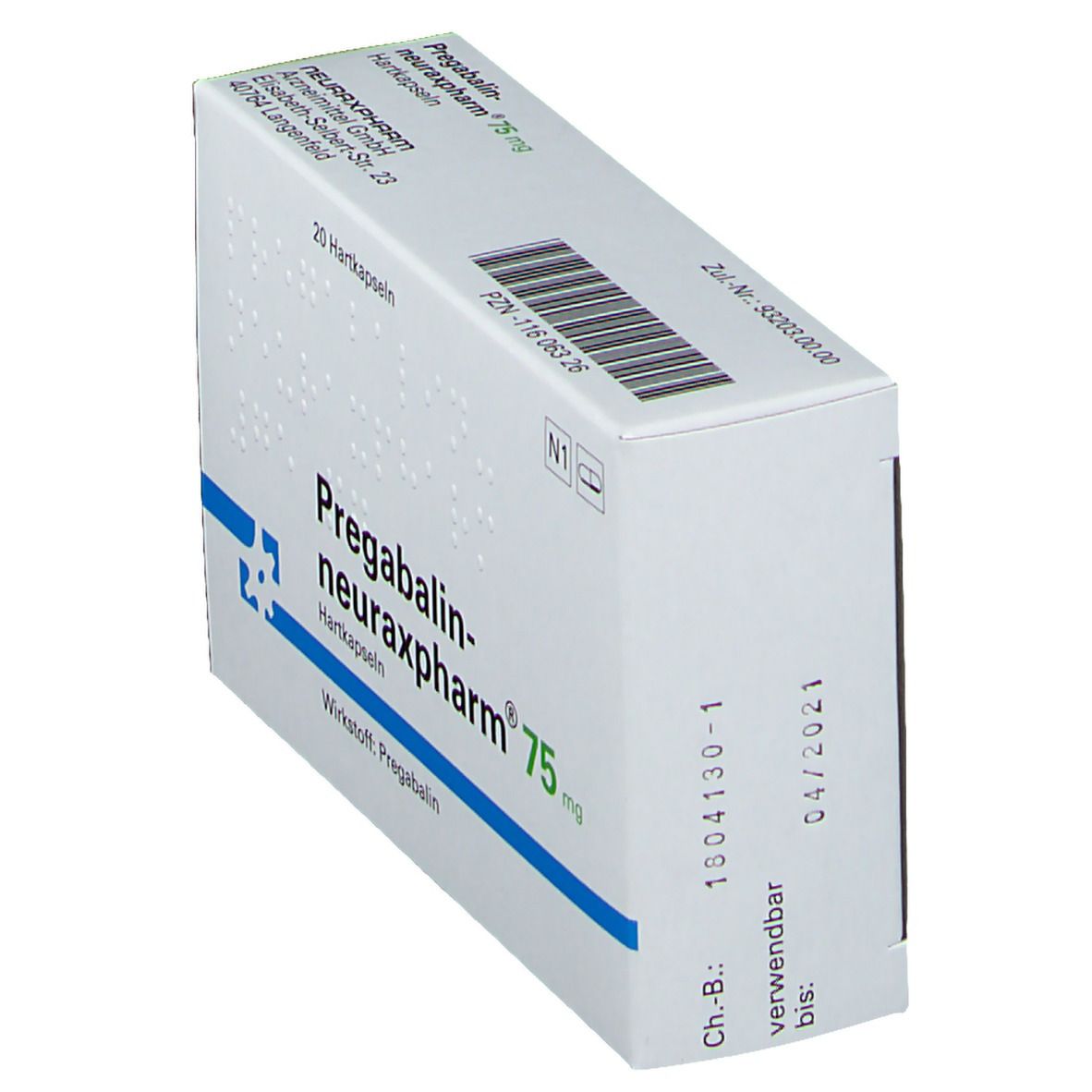 Schachtel Pregabalin-neuraxpharm® 75 mg. Weiße Schachtel mit blauer Linie. Aufschrift: 20 Hartkapseln. Text in Blindenschrift.