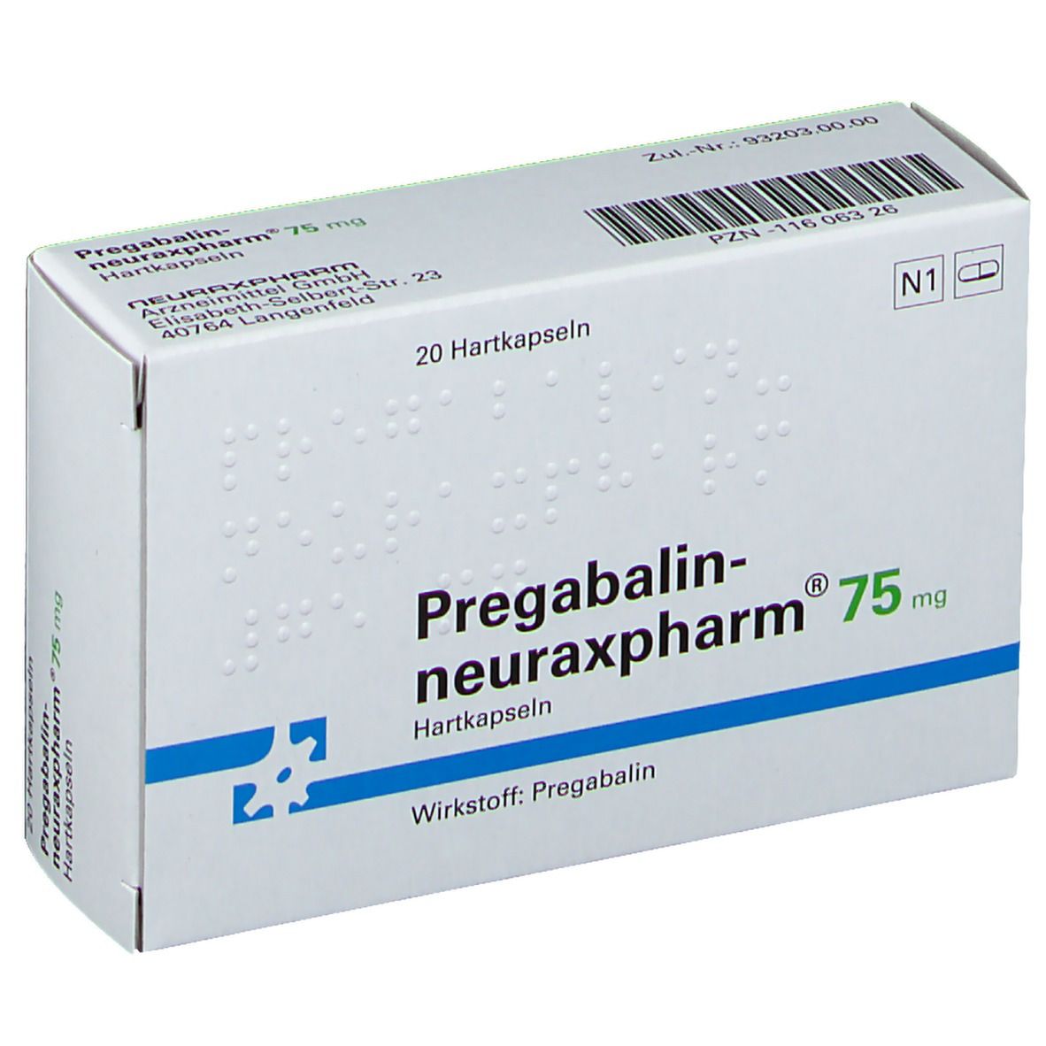 Schachtel Pregabalin-neuraxpharm® 75 mg. Weiße Schachtel mit blauer Linie. Aufschrift: 20 Hartkapseln. Text in Blindenschrift.