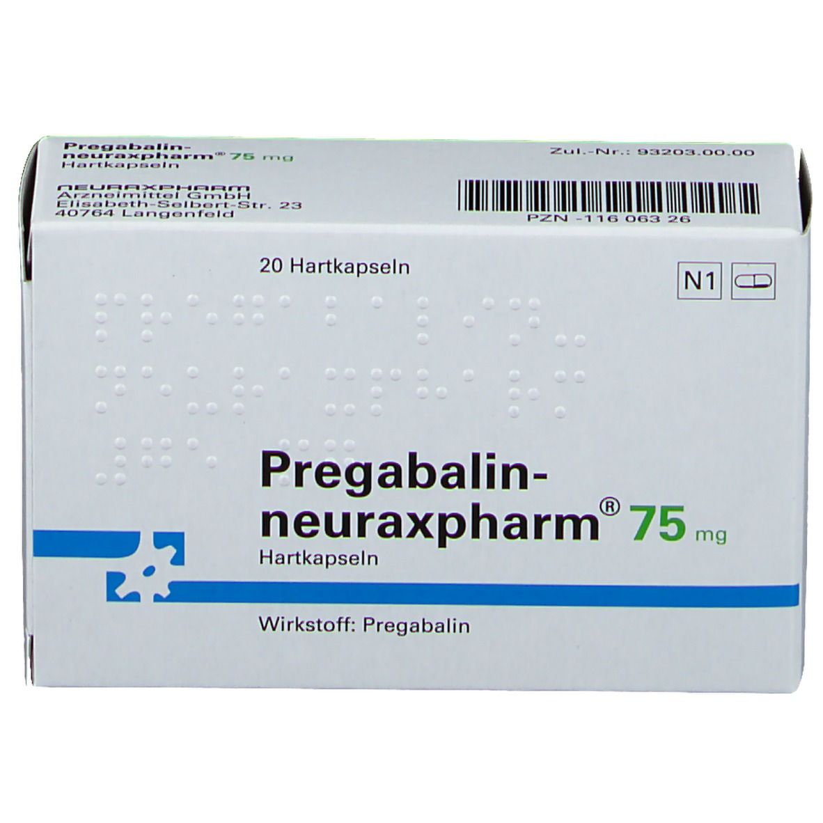 Schachtel Pregabalin-neuraxpharm® 75 mg. Weiße Schachtel mit blauer Linie. Aufschrift: 20 Hartkapseln. Text in Blindenschrift.