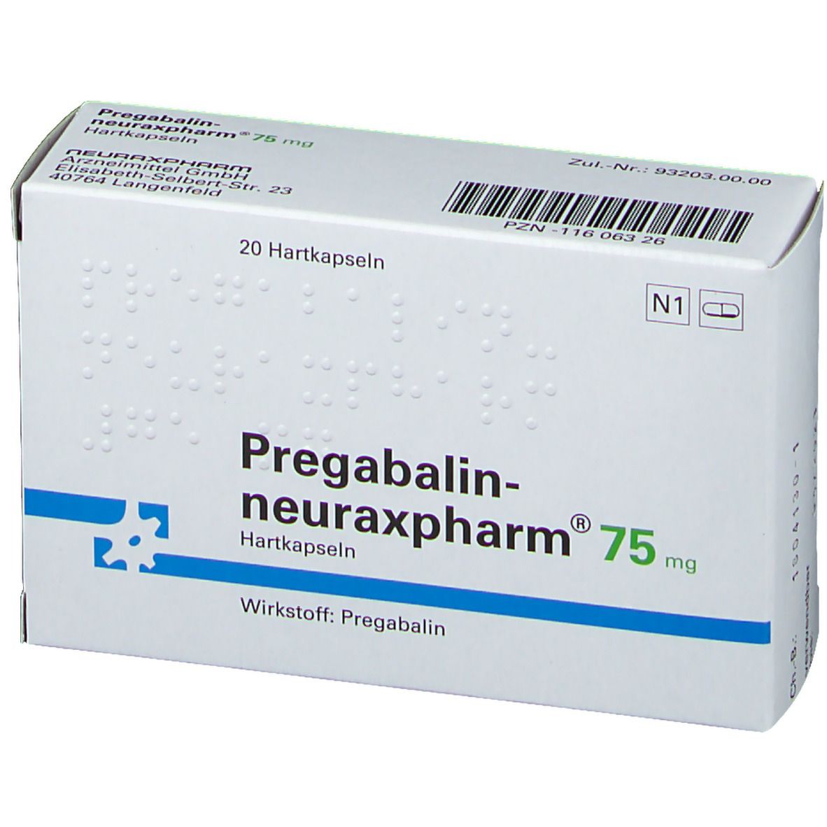 Schachtel Pregabalin-neuraxpharm® 75 mg. Weiße Schachtel mit blauer Linie. Aufschrift: 20 Hartkapseln. Text in Blindenschrift.