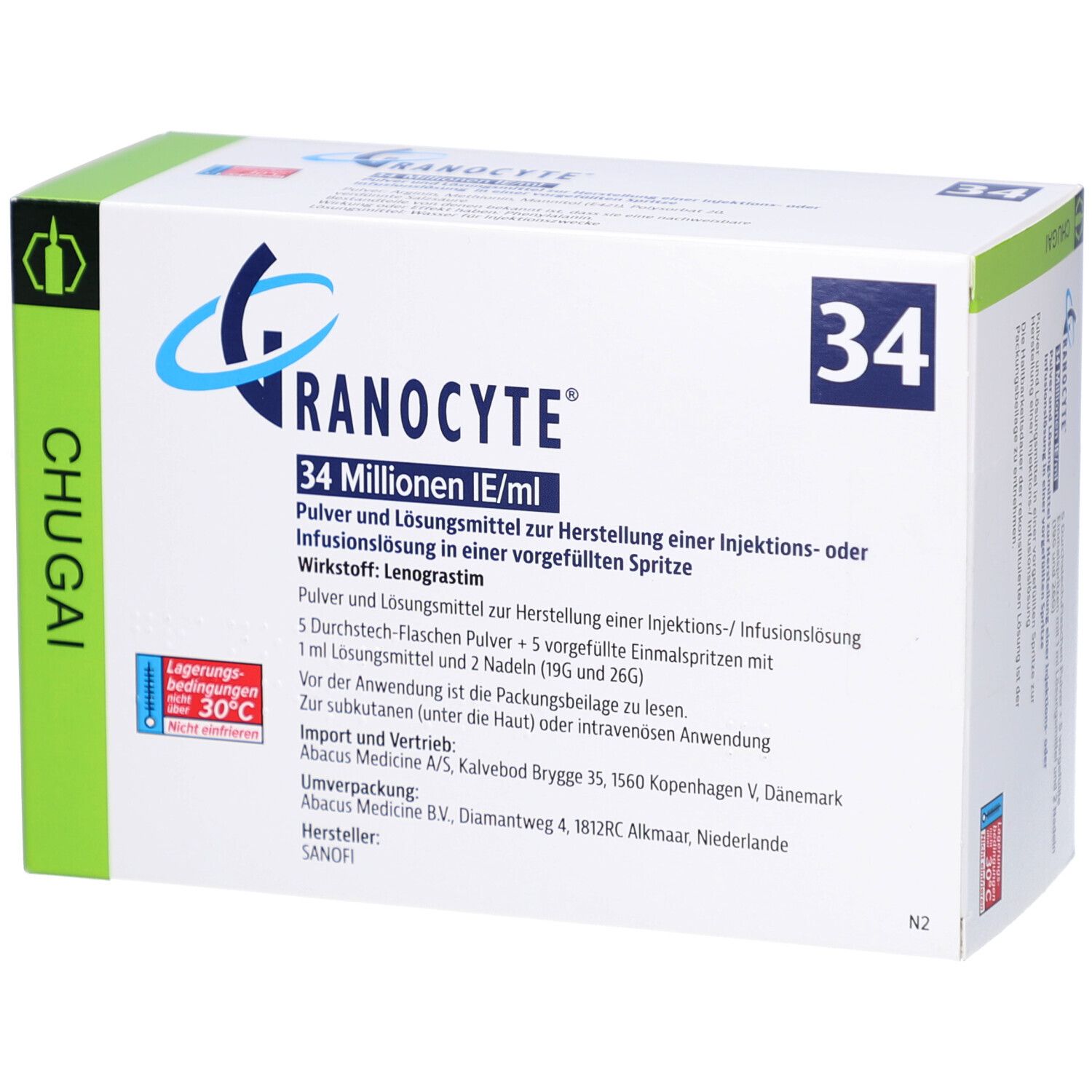 Karton GRANOCYTE 34 Mio.IE/ml. Enthält Pulver und Lösungsmittel zur Herstellung einer Injektions- oder Infusionslösung. Mit Aufdrucken und Logos.