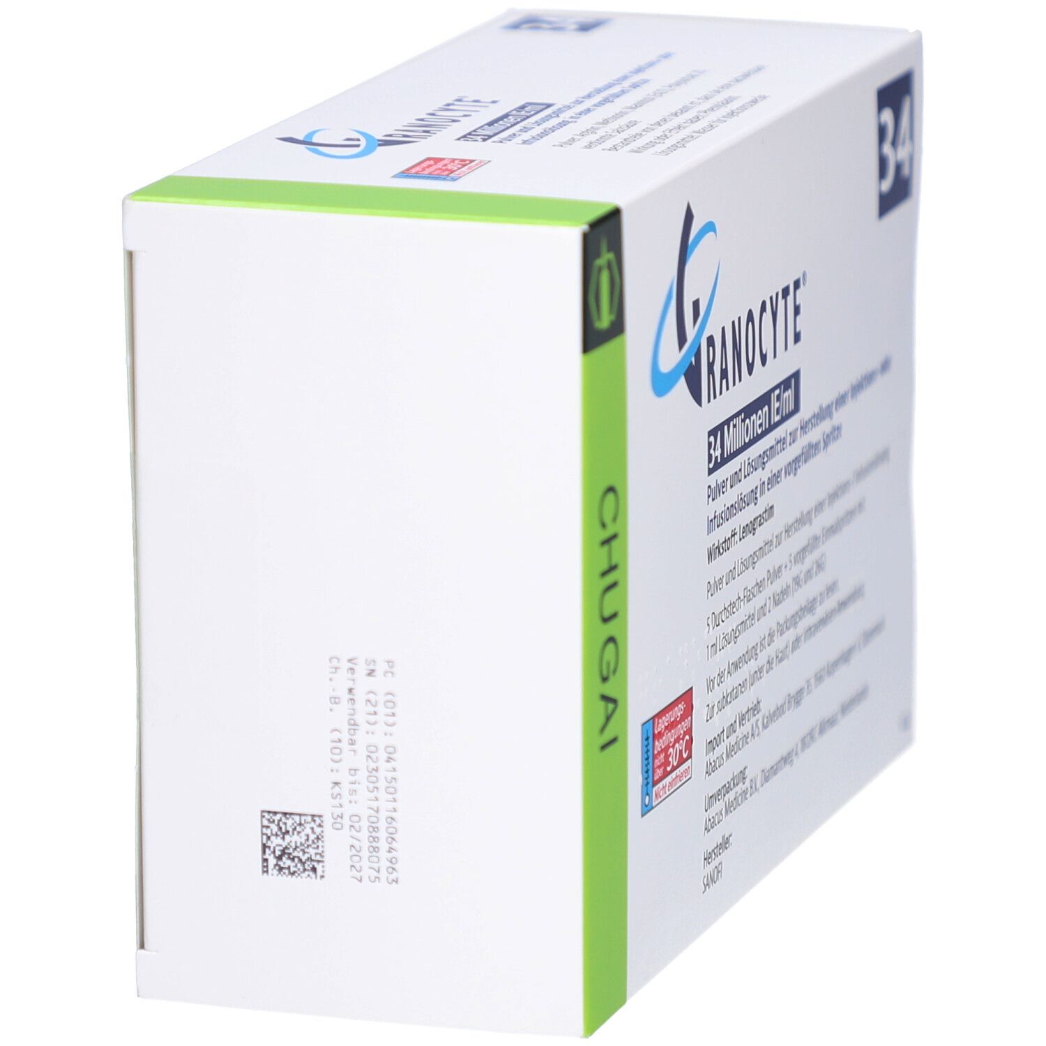 Seitenansicht der GRANOCYTE-Verpackung. Weiß mit grünen und blauen Akzenten. Enthält Text und Barcode.