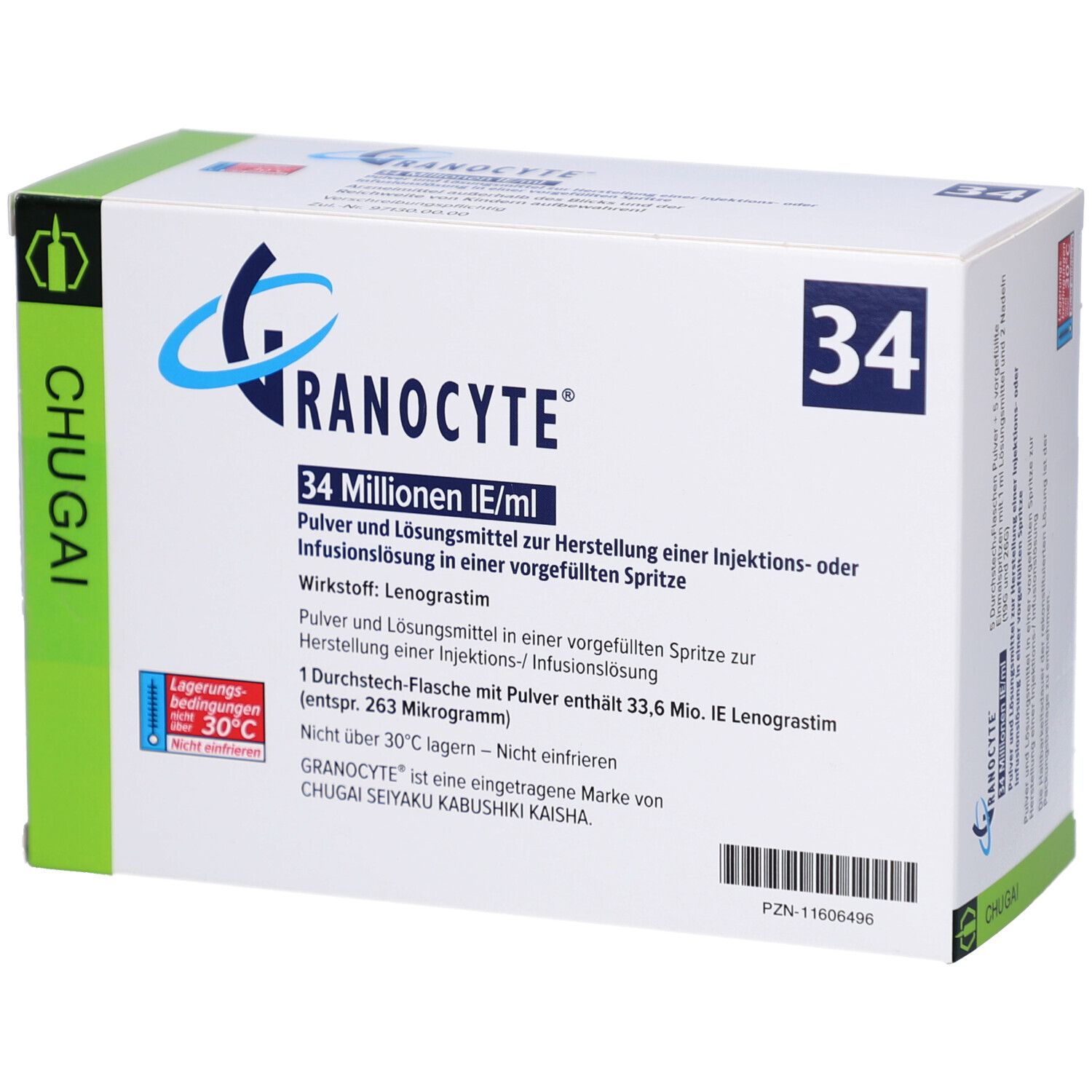 Karton GRANOCYTE 34 Mio.IE/ml. Enthält Pulver und Lösungsmittel zur Herstellung einer Injektions- oder Infusionslösung. Mit Text und Logos.