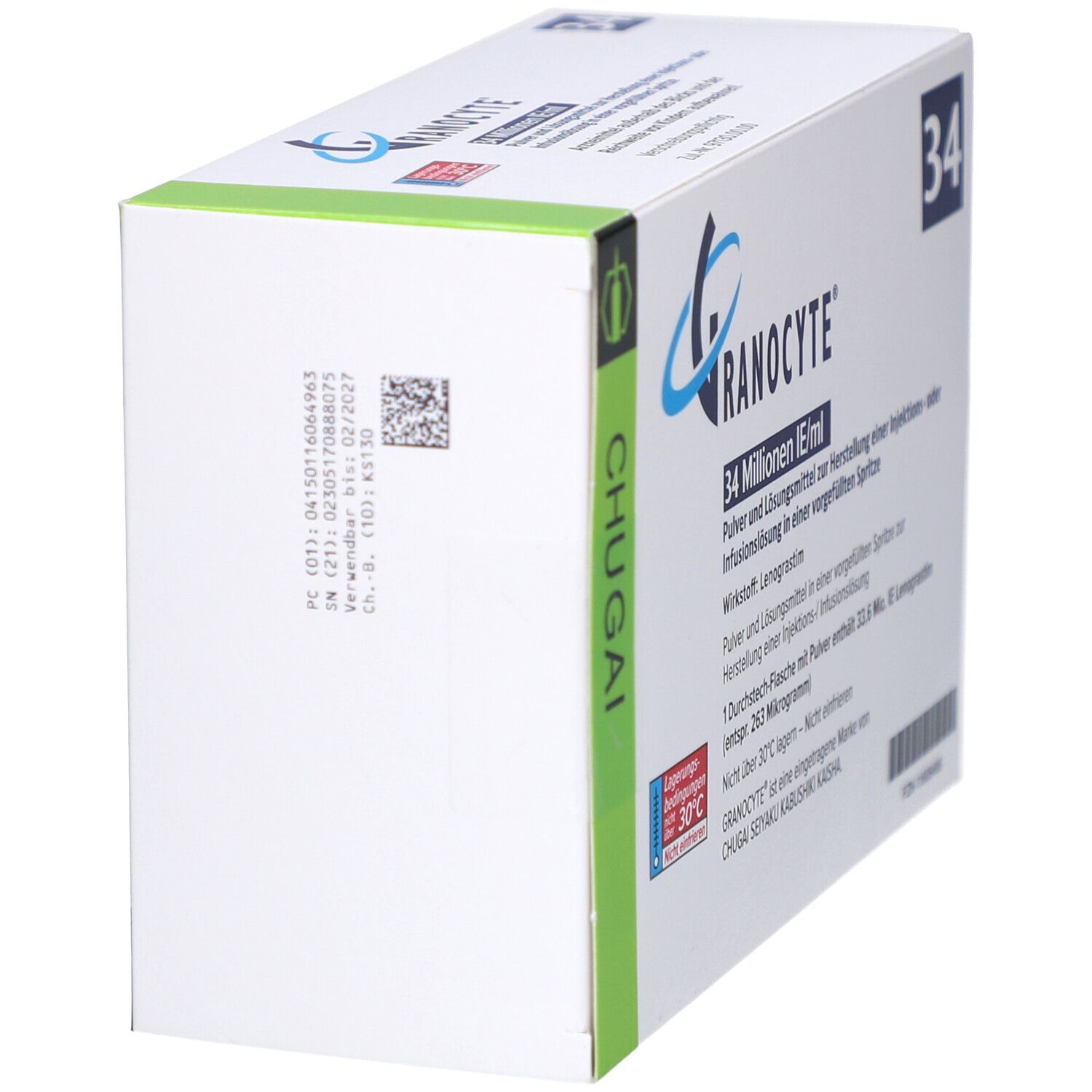 Seitenansicht der GRANOCYTE-Verpackung. Weiß mit grünen und blauen Akzenten. Enthält Text und Barcode.