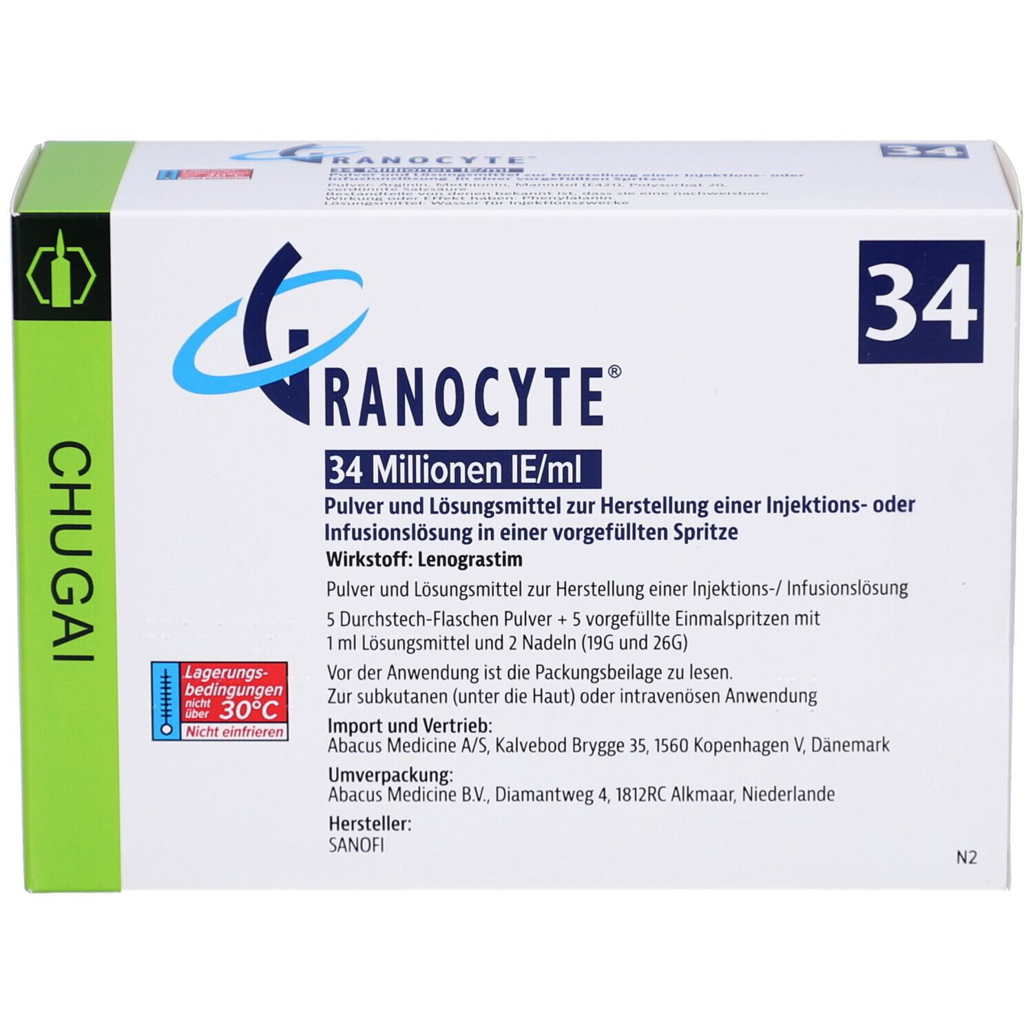 Karton GRANOCYTE 34 Mio.IE/ml. Enthält Pulver und Lösungsmittel zur Herstellung einer Injektions- oder Infusionslösung. Mit Text und Logos.