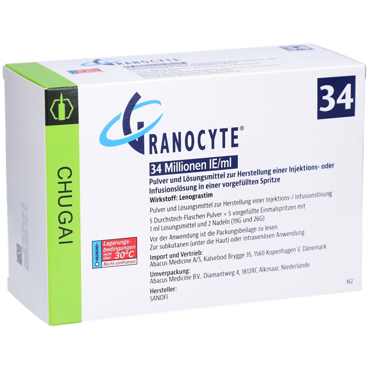 Karton GRANOCYTE 34 Mio.IE/ml. Enthält Pulver und Lösungsmittel zur Herstellung einer Injektions- oder Infusionslösung. Mit Text und Logos.