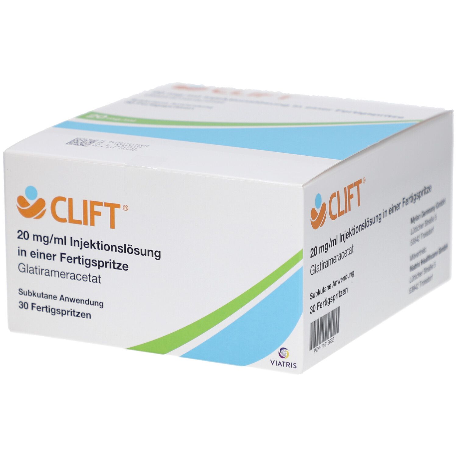 Verpackung von CLIFT 20 mg/ml Injektionslösung. Enthält 30 Fertigspritzen. Aufschrift: Glatirameracetat, Subkutane Anwendung.