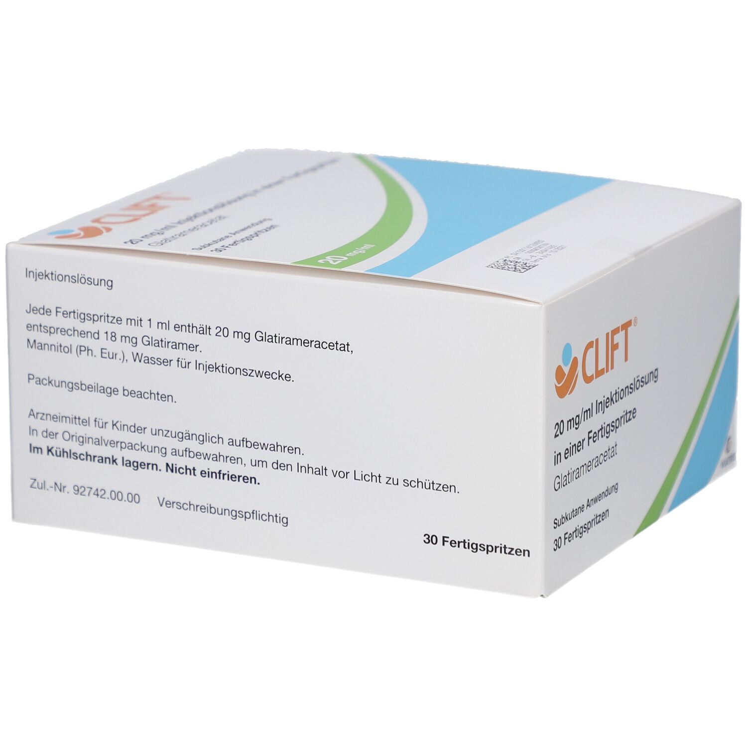 Weißer Karton mit CLIFT-Logo und Aufschrift 20 mg/ml Injektionslösung. Enthält 30 Fertigspritzen. Text mit Inhaltsstoffen.
