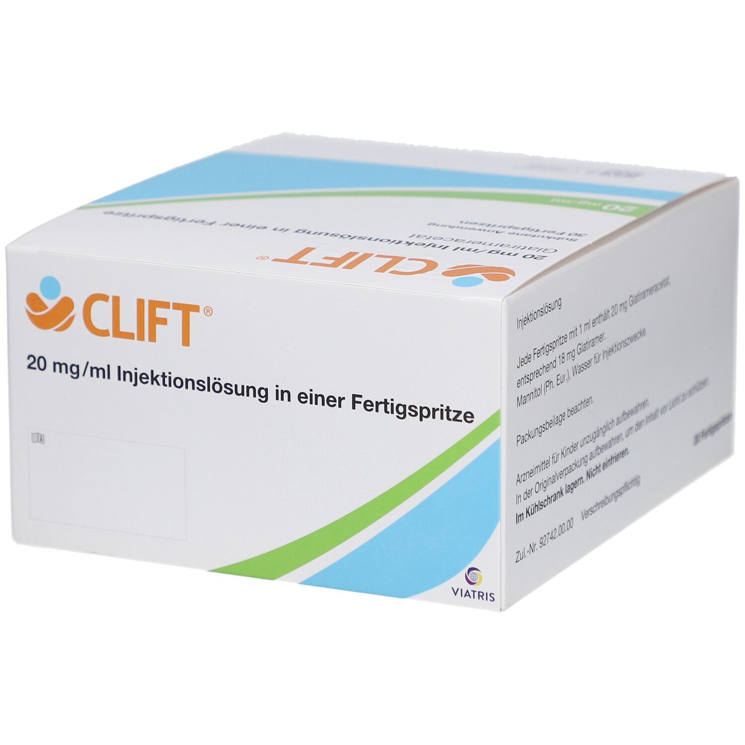 Verpackung von CLIFT 20 mg/ml Injektionslösung. Enthält 30 Fertigspritzen. Aufschrift: Glatirameracetat, Subkutane Anwendung.