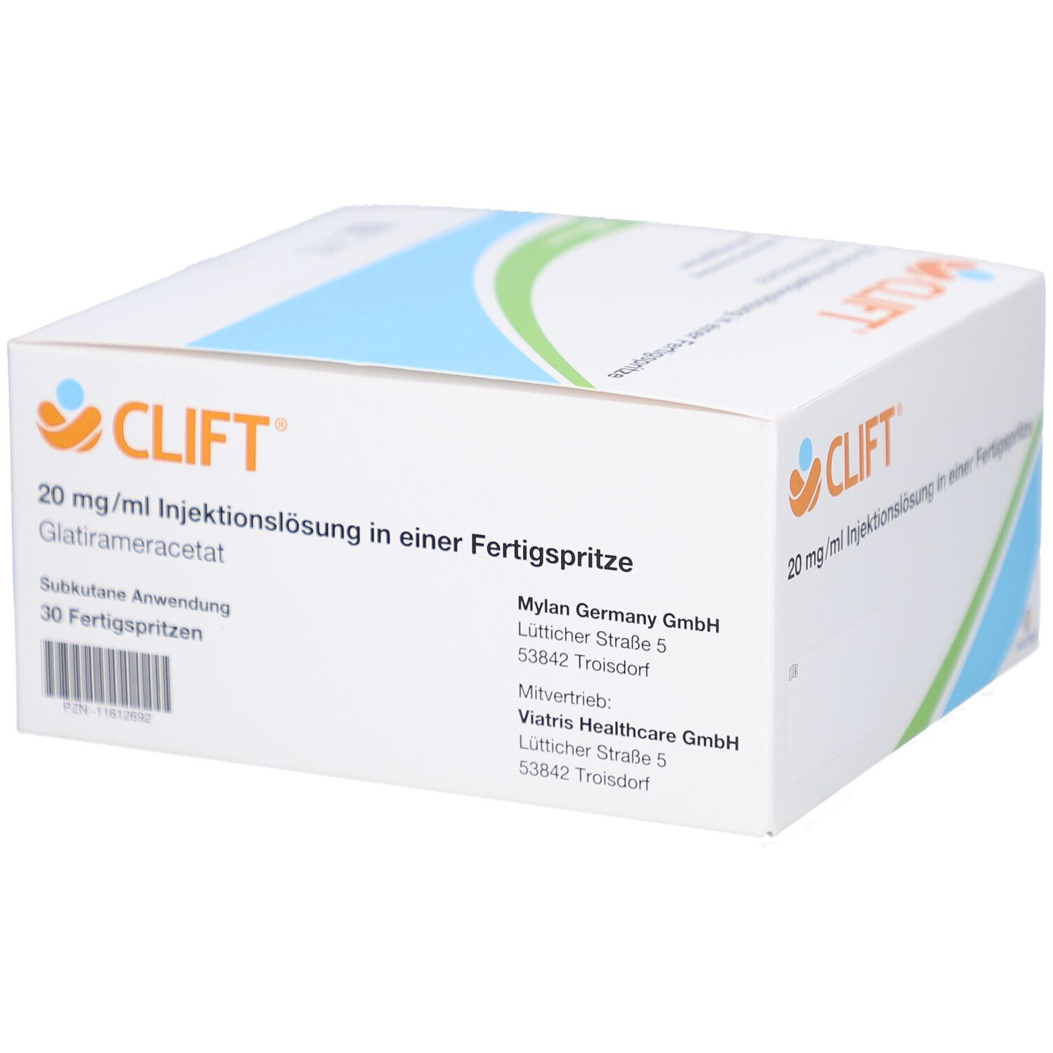 Verpackung von CLIFT 20 mg/ml Injektionslösung. Enthält 30 Fertigspritzen. Aufschrift: Glatirameracetat, Subkutane Anwendung.
