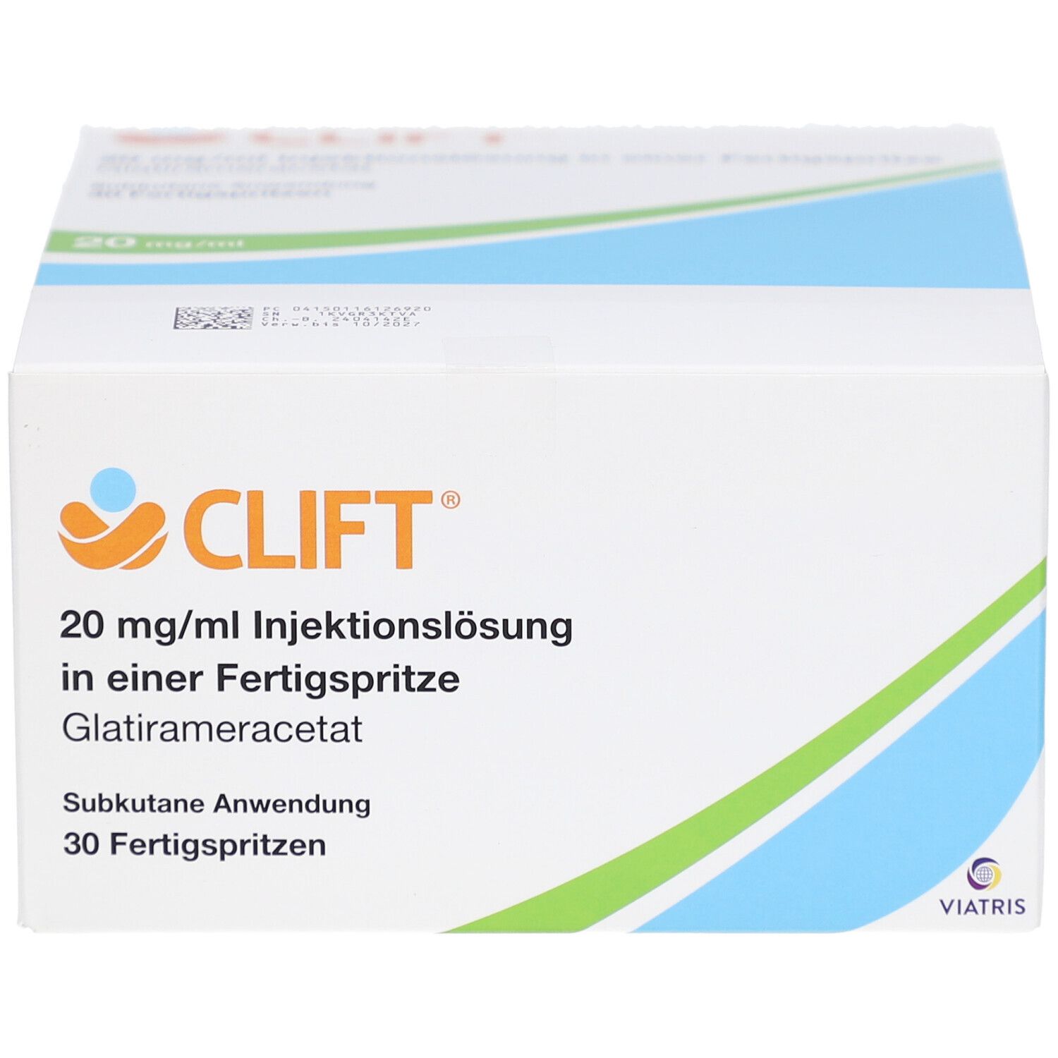 Verpackung von CLIFT 20 mg/ml Injektionslösung. Enthält 30 Fertigspritzen. Aufschrift: Glatirameracetat, Subkutane Anwendung.