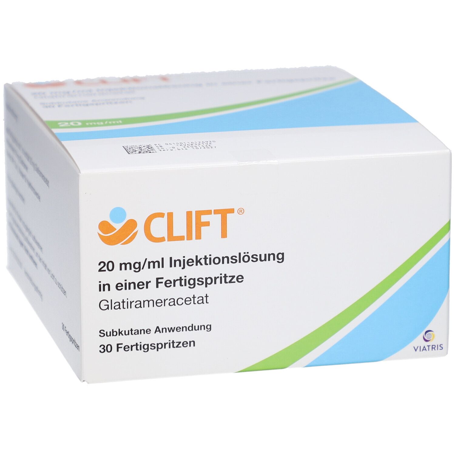 Verpackung von CLIFT 20 mg/ml Injektionslösung. Enthält 30 Fertigspritzen. Aufschrift: Glatirameracetat, Subkutane Anwendung.