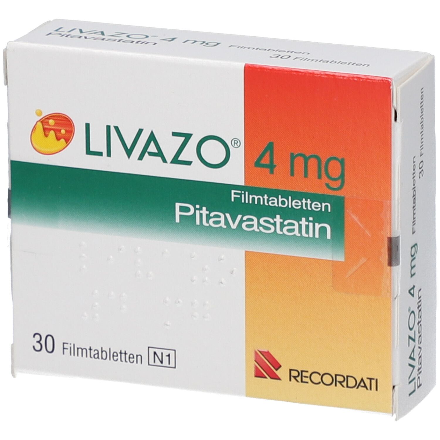 Schachtel mit LIVAZO 4 mg Filmtabletten. Aufschrift: Pitavastatin, 30 Filmtabletten. RECORDATI-Logo.