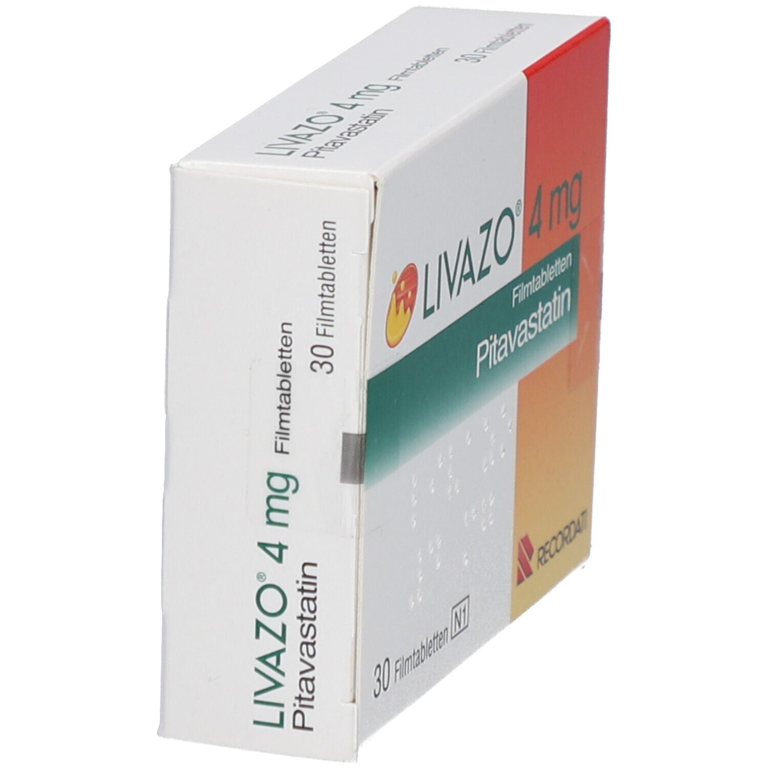 Schachtel LIVAZO 4 mg Filmtabletten, schräg. Aufschrift: Pitavastatin, 30 Filmtabletten. RECORDATI-Logo.