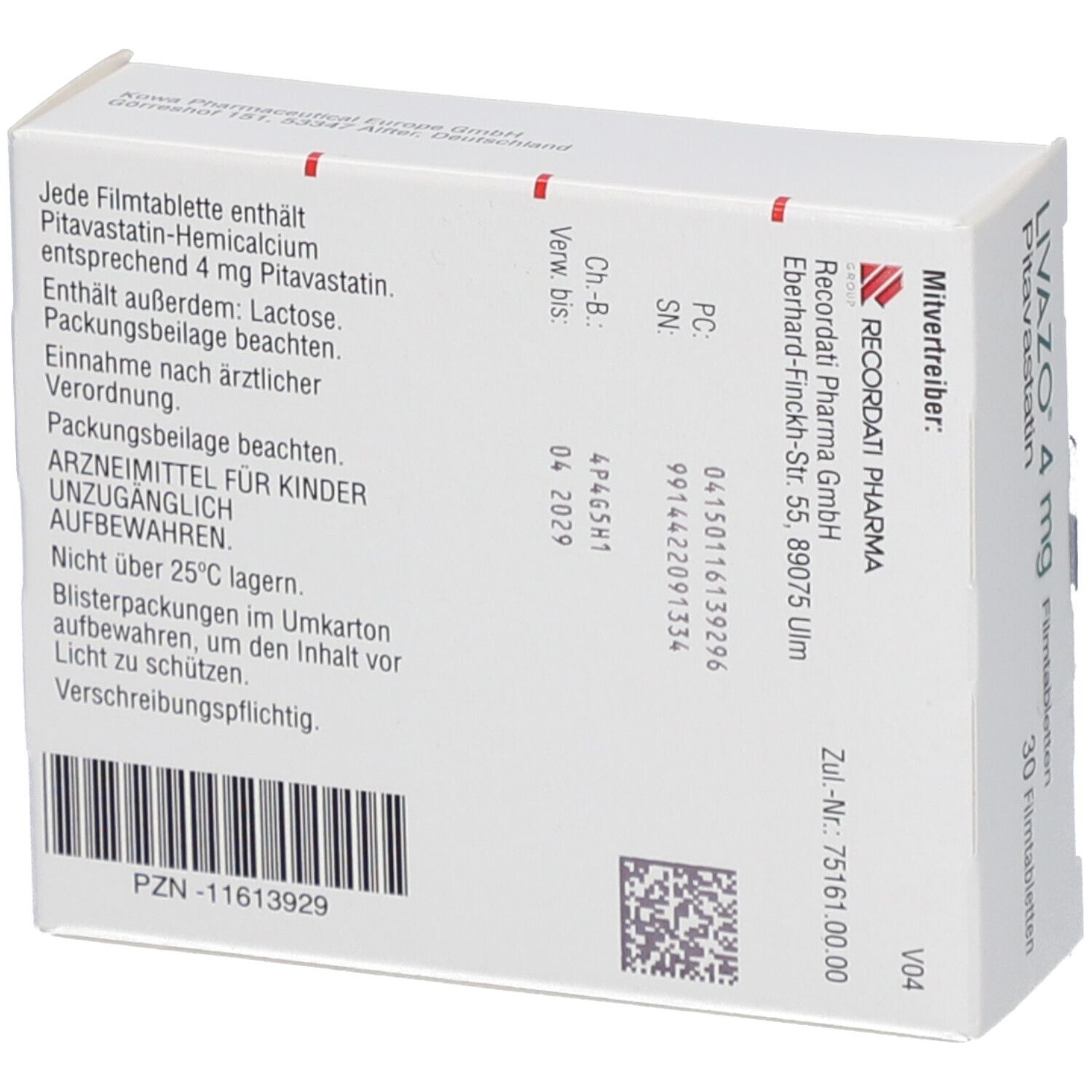 Rückseite der Schachtel LIVAZO 4 mg Filmtabletten. Textinformationen, RECORDATI-Logo, Zulassungsnummer.