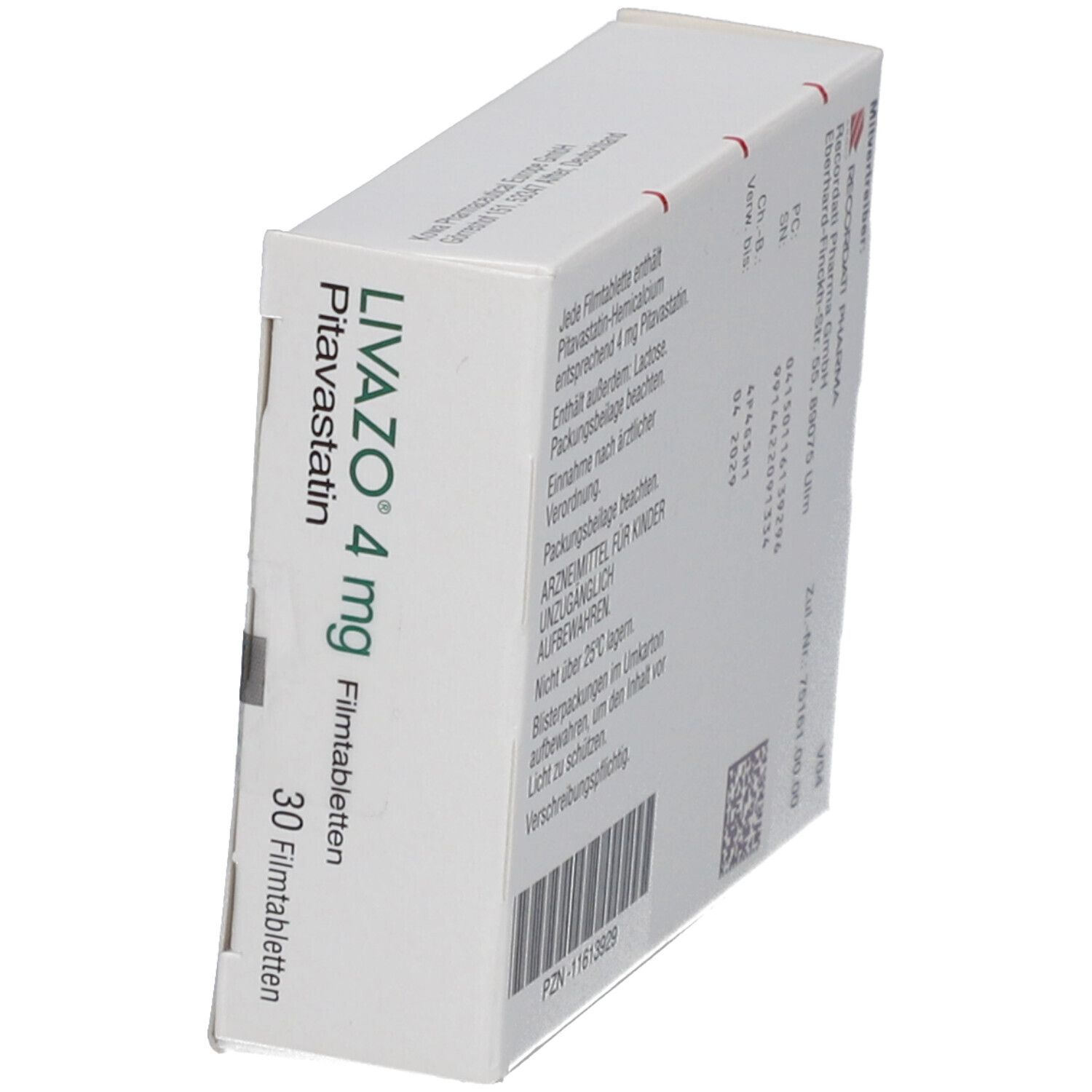 Schachtel LIVAZO 4 mg Filmtabletten, schräg. Aufschrift: Pitavastatin, 30 Filmtabletten. RECORDATI-Logo.