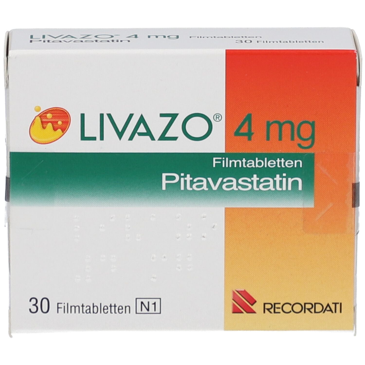 Schachtel mit LIVAZO 4 mg Filmtabletten. Aufschrift: Pitavastatin, 30 Filmtabletten. RECORDATI-Logo.