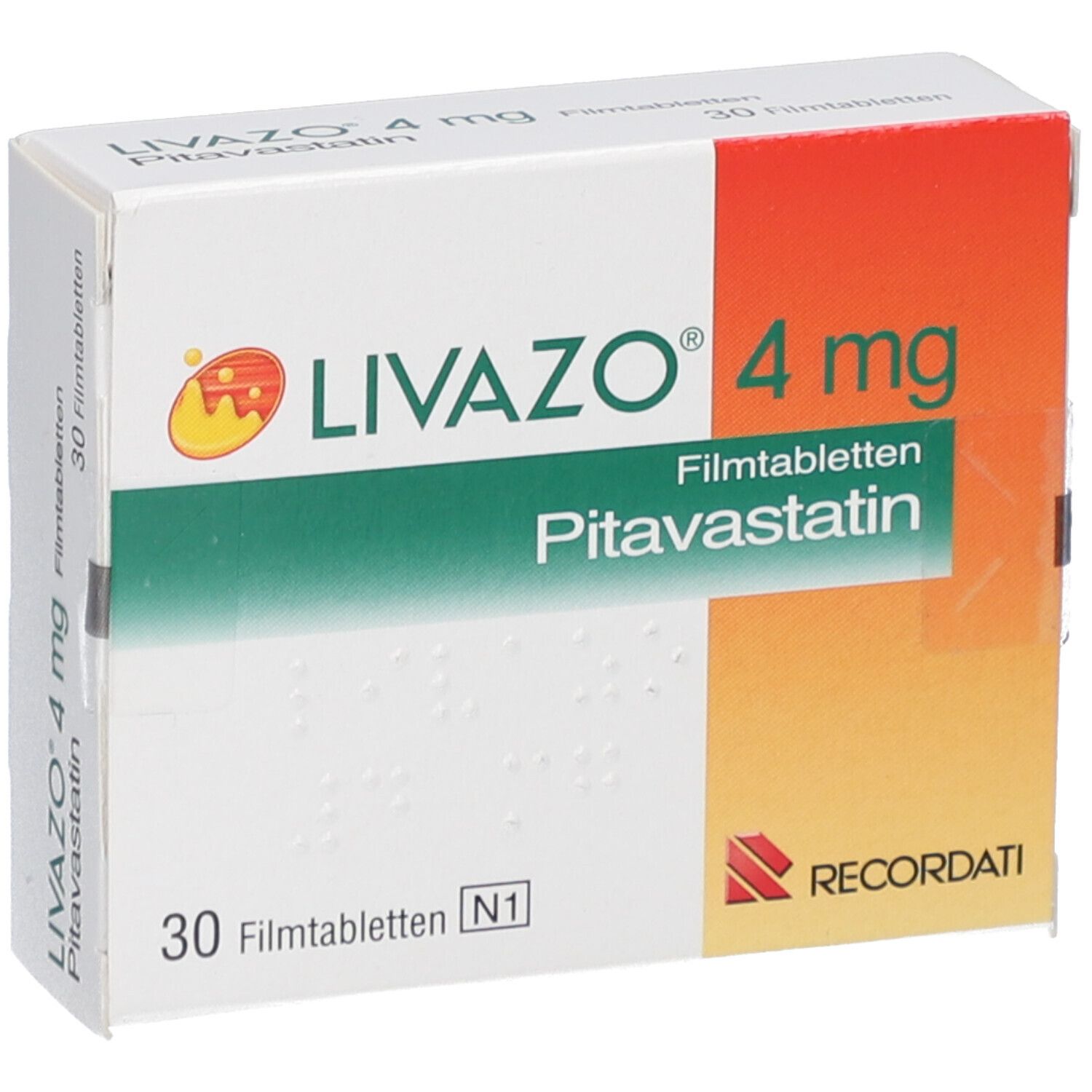 Schachtel mit LIVAZO 4 mg Filmtabletten. Aufschrift: Pitavastatin, 30 Filmtabletten. RECORDATI-Logo.
