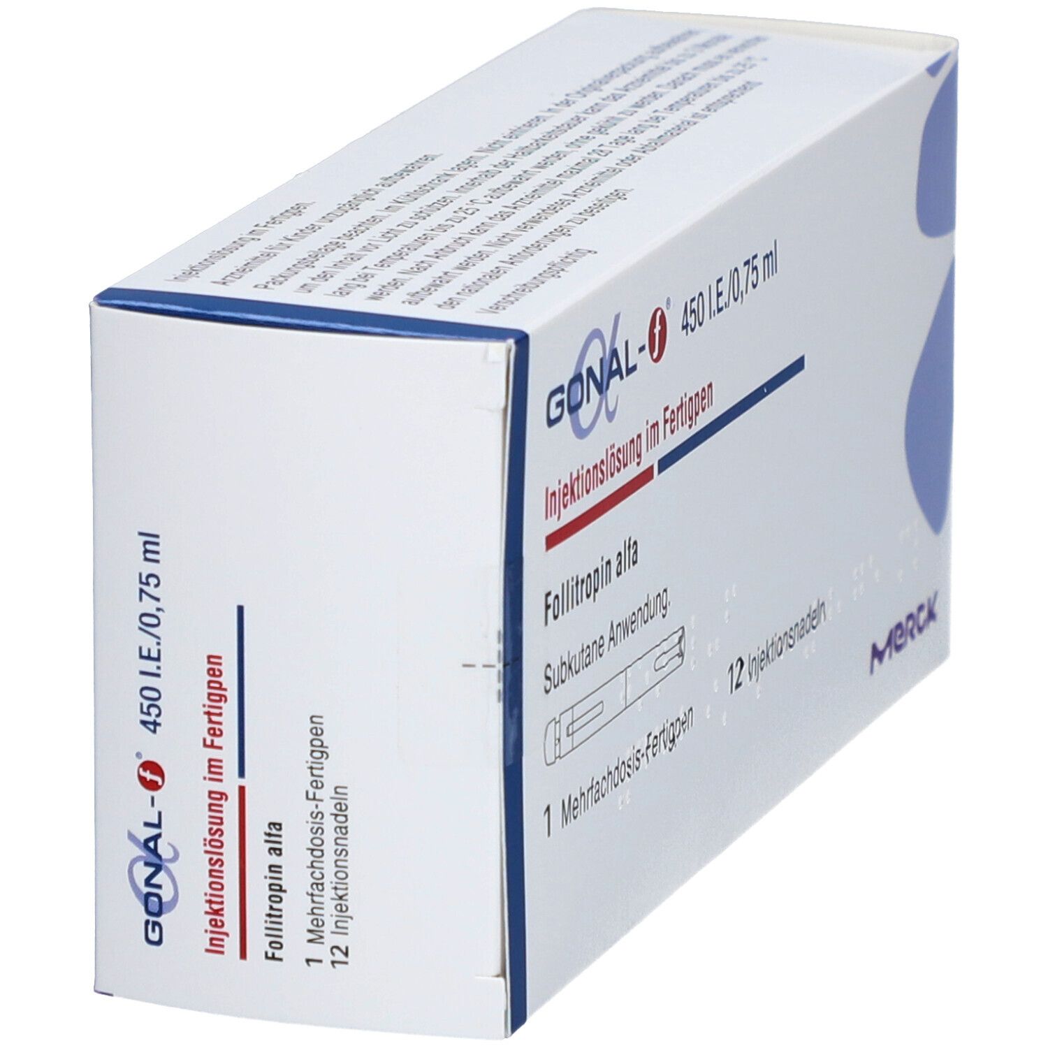Schräg gestellte Produktverpackung. Aufschrift: Gonal-f 450 I.E./0,75 ml. Enthält 12 Injektionsnadeln.