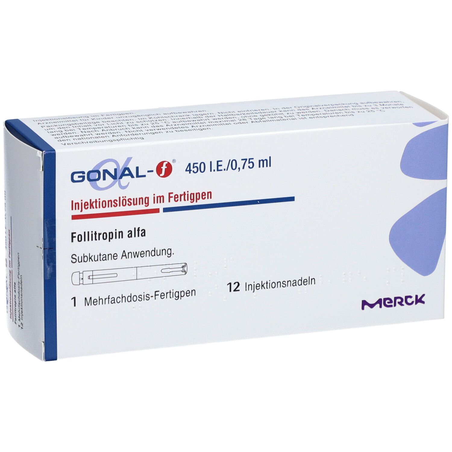 Produktverpackung mit Produktinformationen. Aufschrift: Gonal-f 450 I.E./0,75 ml. 12 Injektionsnadeln.