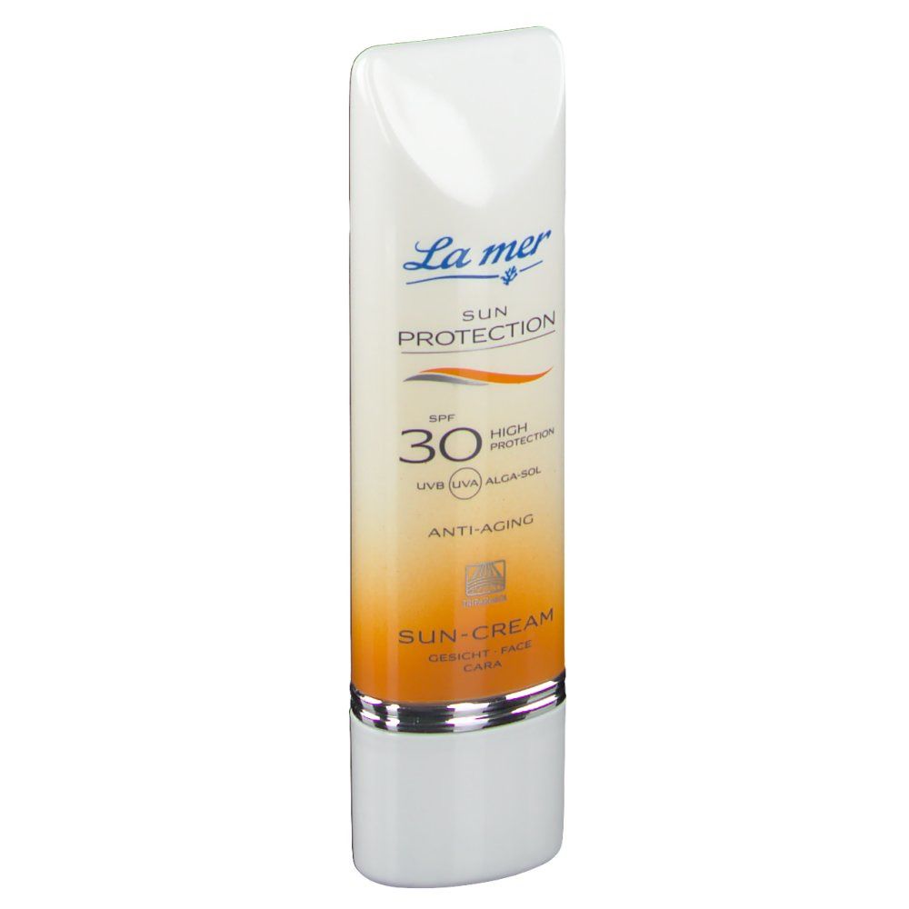 Sonnencreme-Tube, weiß-orange. Aufschrift: La mer, Sun Protection, SPF 30, Anti-Aging, Sun-Cream.