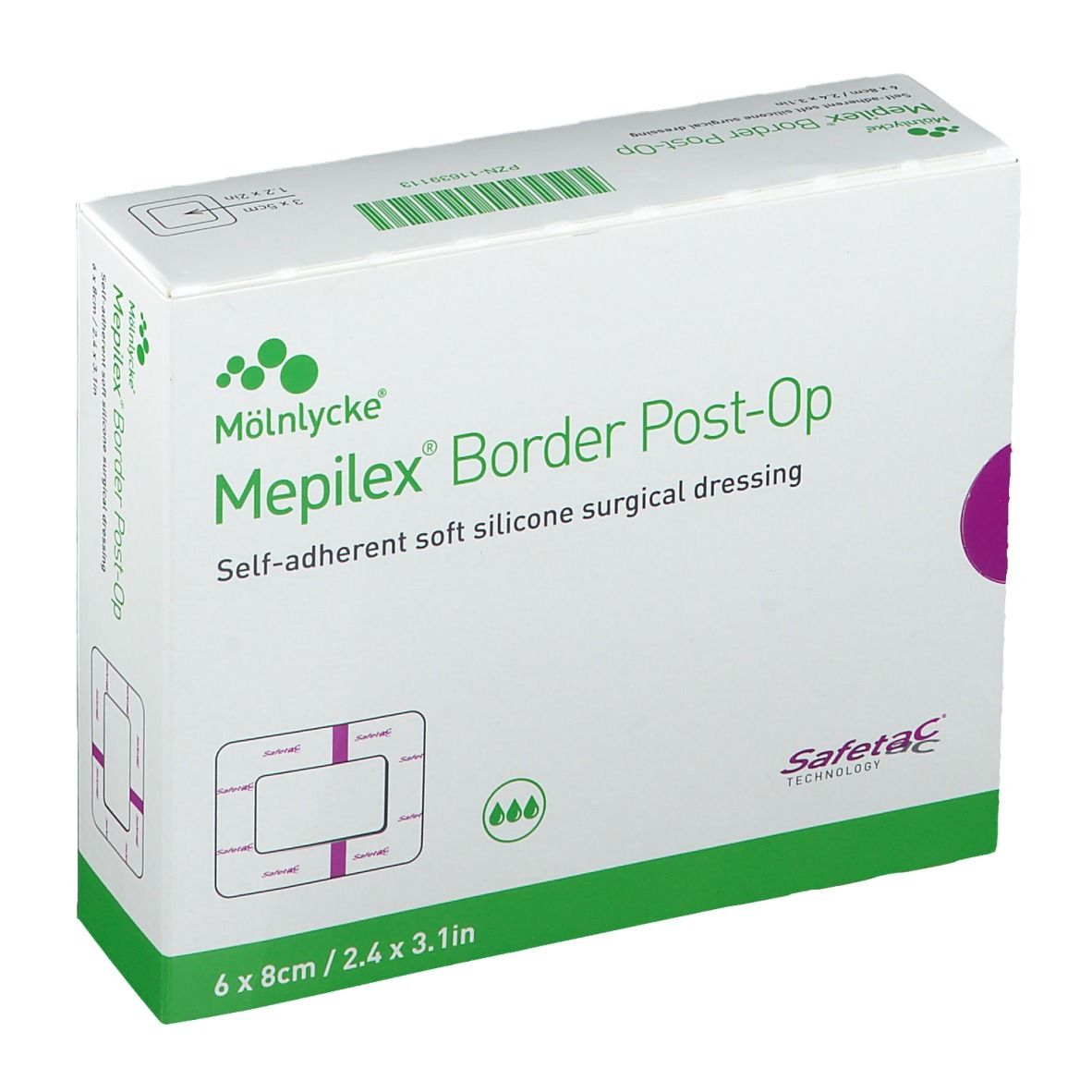 Verpackung von Mepilex Border Post-Op. Aufschrift: Selbsthaftender weicher Silikon-Wundverband. Größe: 6 x 8 cm.
