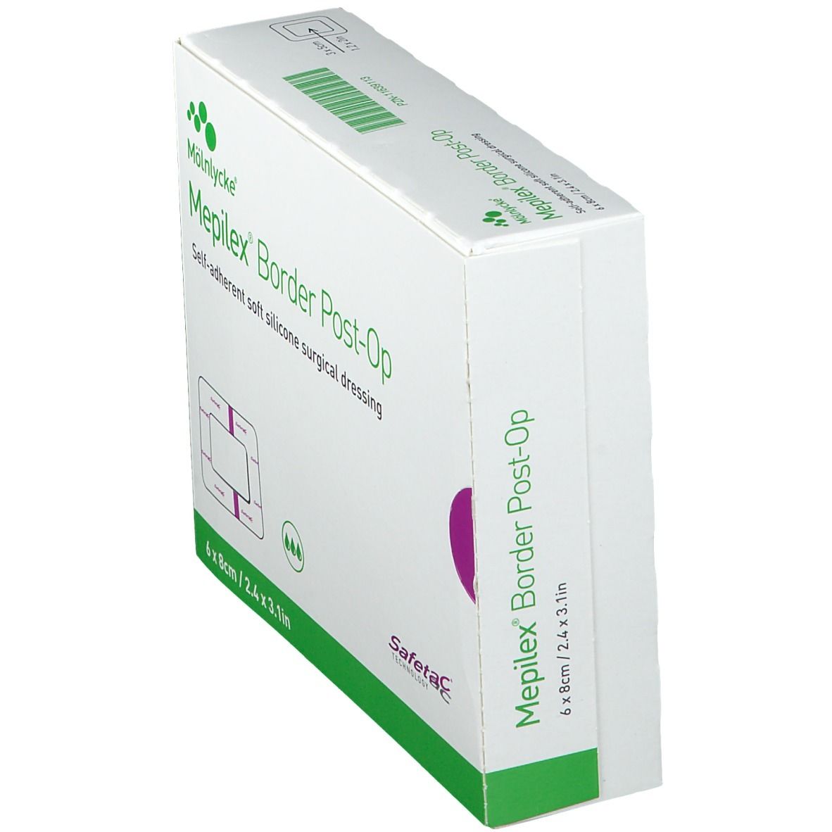Schräg gestellte Verpackung von Mepilex Border Post-Op. Aufschrift: Selbsthaftender weicher Silikon-Wundverband. Größe: 6 x 8 cm.
