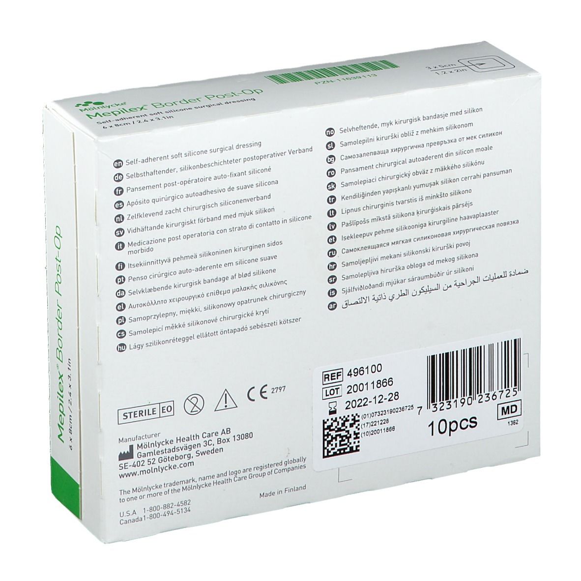 Rückseite der Verpackung von Mepilex Border Post-Op. Enthält Informationen wie Hersteller, Chargennummer und Haltbarkeitsdatum.