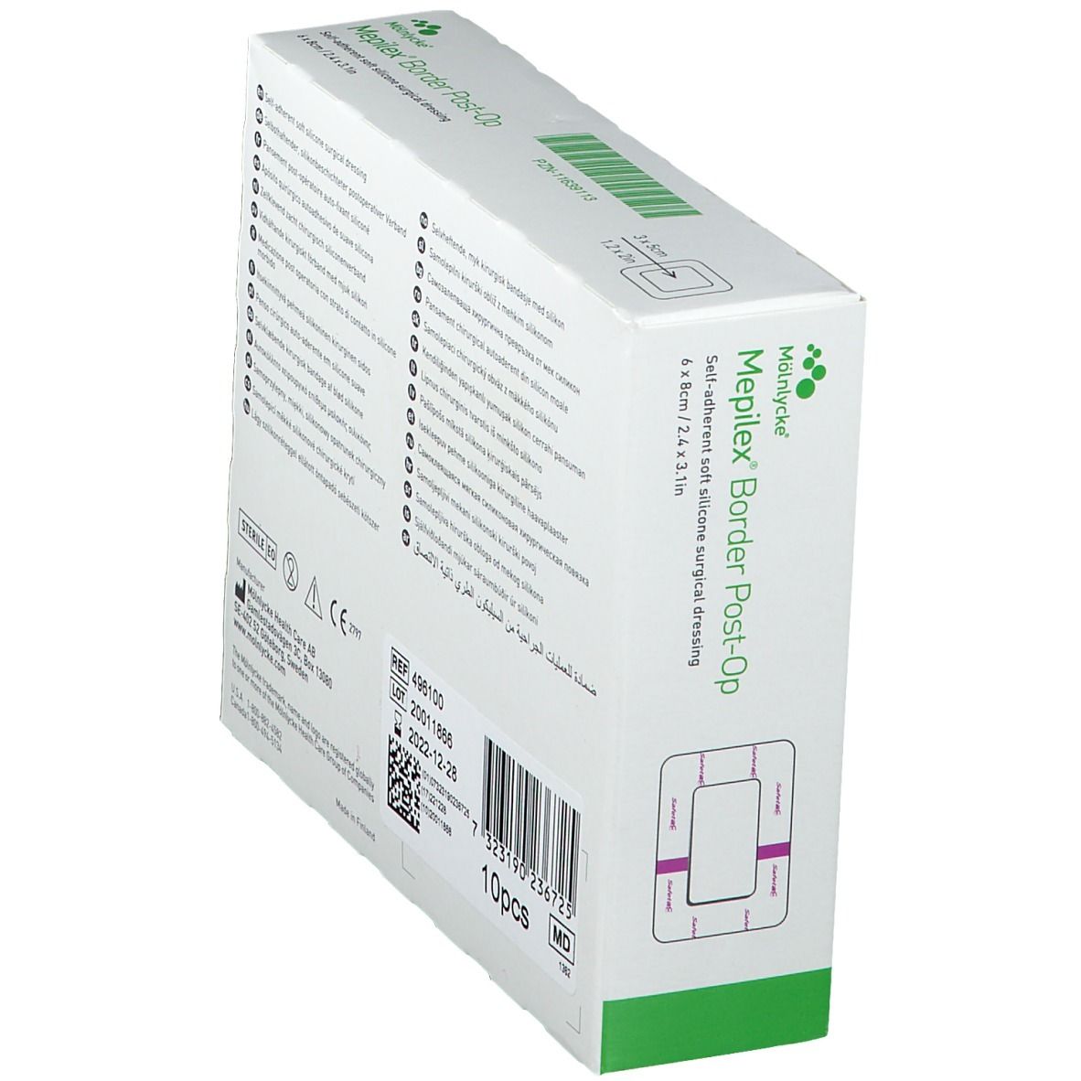 Schräg gestellte Verpackung von Mepilex Border Post-Op. Aufschrift: 10 Stück. Größe: 6 x 8 cm.