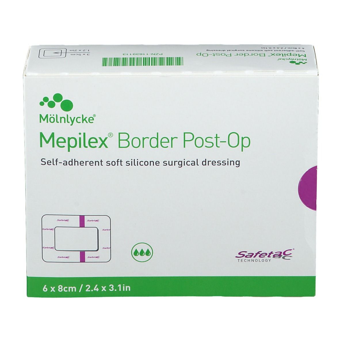 Verpackung von Mepilex Border Post-Op. Aufschrift: Selbsthaftender weicher Silikon-Wundverband. Größe: 6 x 8 cm.