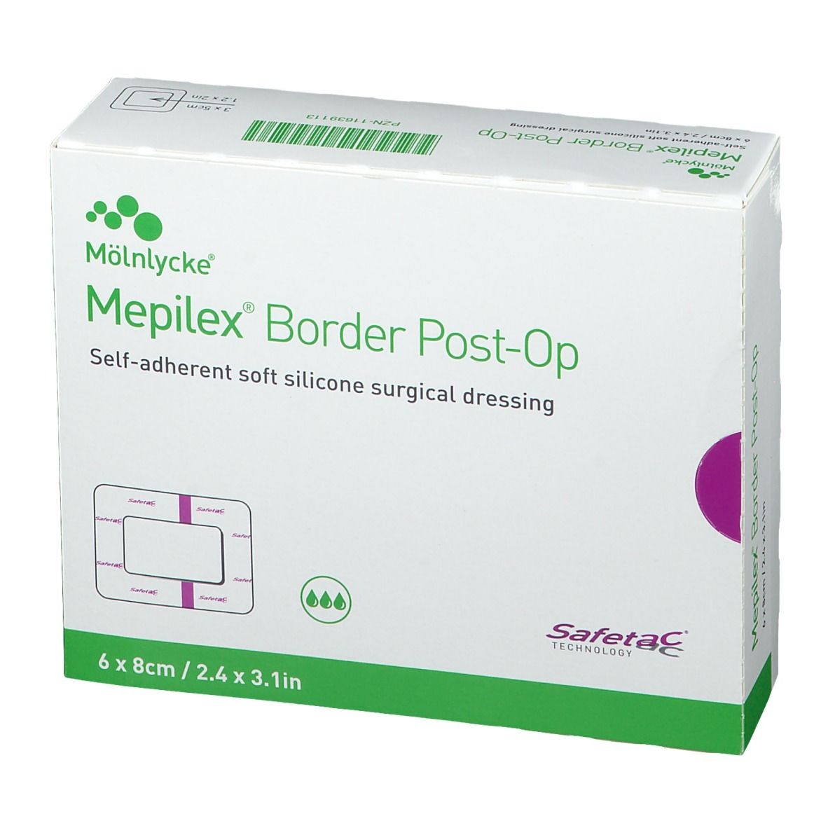 Verpackung von Mepilex Border Post-Op. Aufschrift: Selbsthaftender weicher Silikon-Wundverband. Größe: 6 x 8 cm.