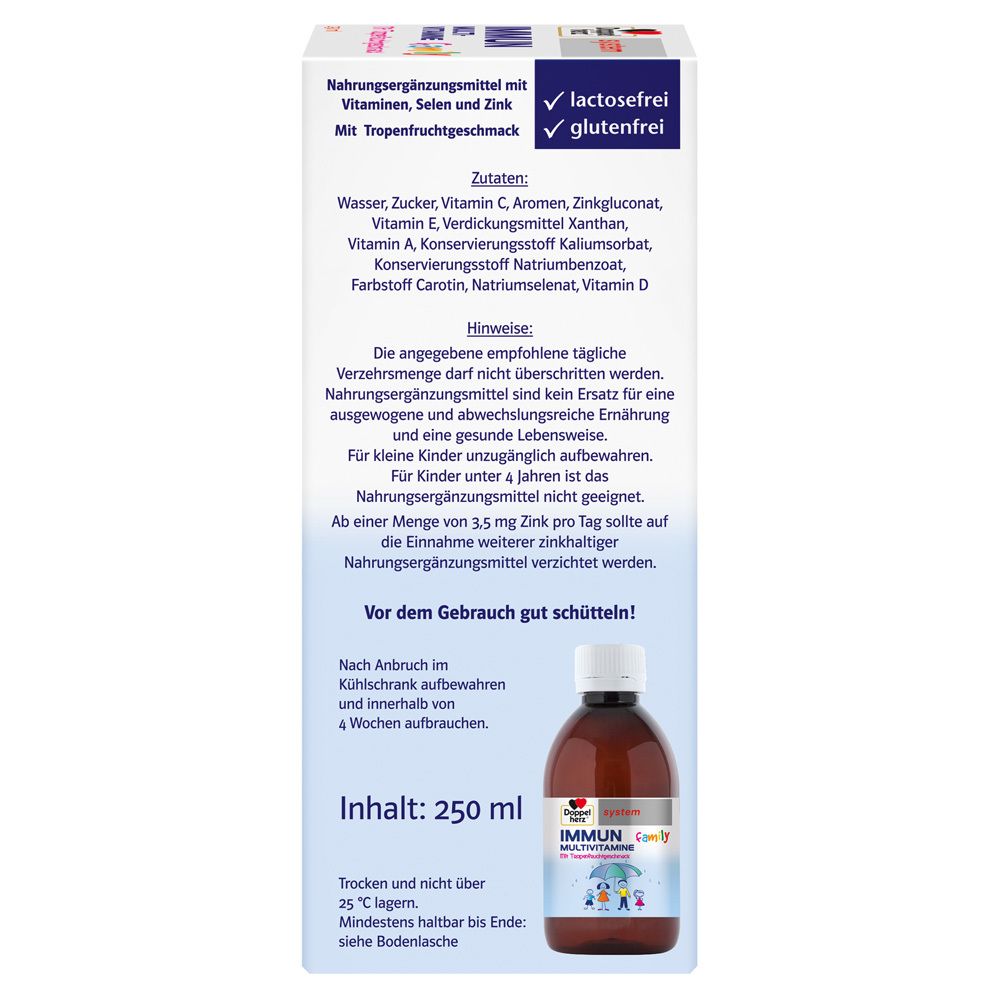 Rückseite der Verpackung von Doppelherz system IMMUN Family. Auflistung der Inhaltsstoffe und Hinweise.