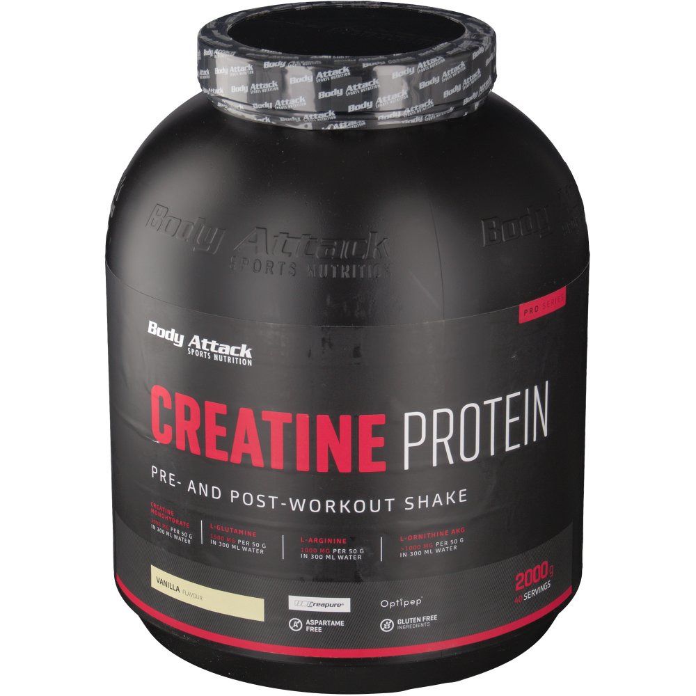 Schwarzer Behälter mit Body Attack-Logo und Aufschrift CREATINE PROTEIN Vanille. Deckel mit Logo. 2000g, Pre- und Post-Workout Shake.