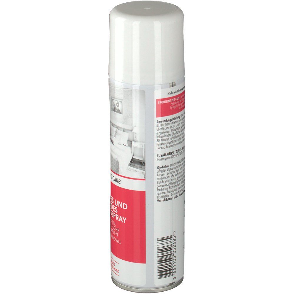 Weiße Sprühdose mit rotem Etikett und Text. Barcode und Text auf der Seite. Produktname: FRONTLINE PET CARE Haushaltsspray.