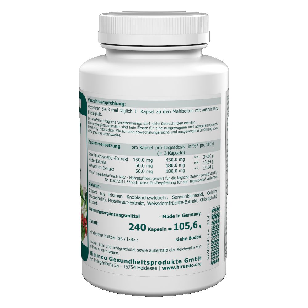 Rückseite der weißen Kapsel-Dose. Textliche Informationen zu Inhaltsstoffen und Nährwerten. Angabe: 240 Kapseln. Hergestellt in Deutschland. Logo: Hirundo Gesundheitsprodukte GmbH.
