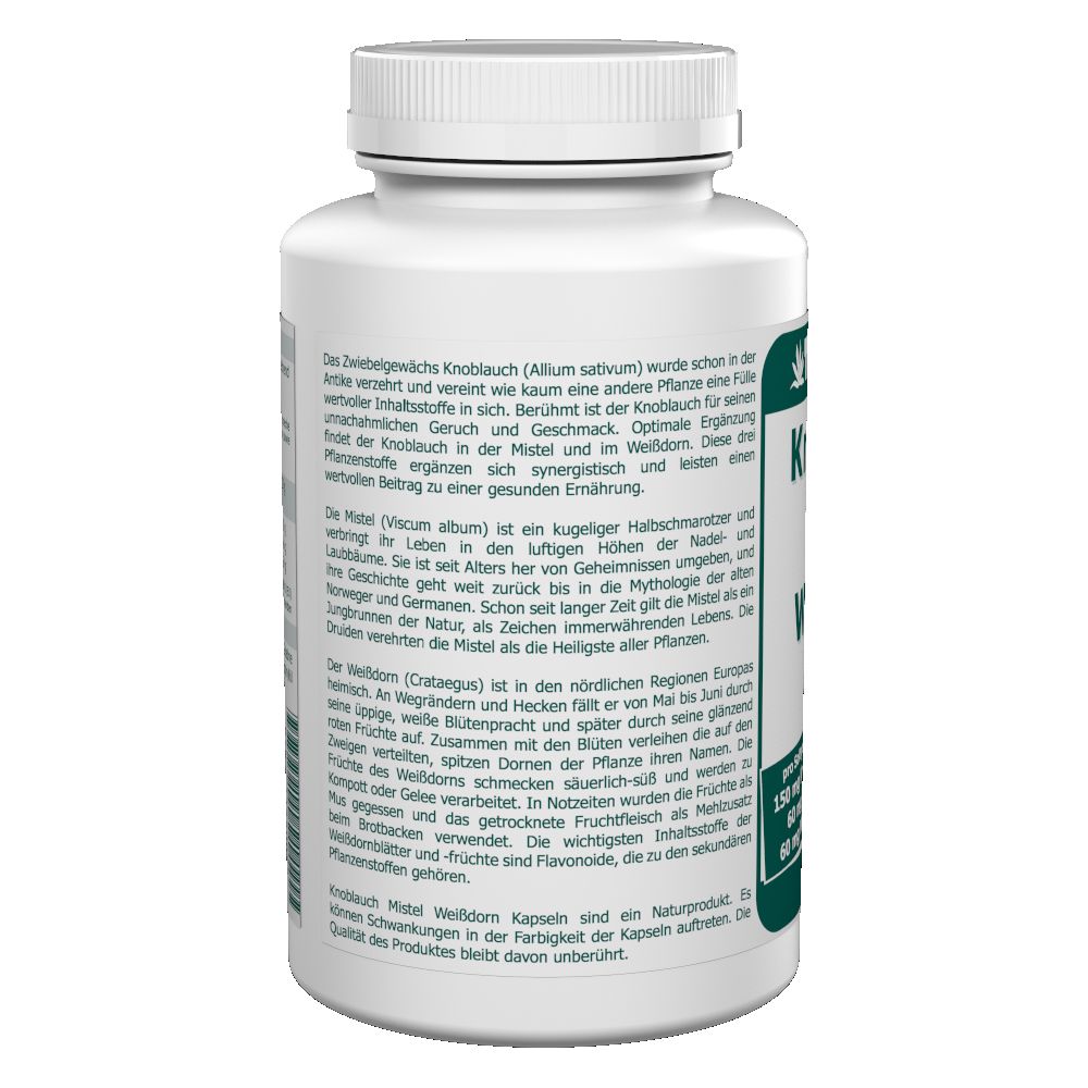 Weiße Kapsel-Dose. Textliche Informationen über die Inhaltsstoffe Knoblauch, Mistel und Weißdorn. Logo: Hirundo Gesundheitsprodukte GmbH. Produktname: KNOBLAUCH MISTEL Weißdorn Kapseln.